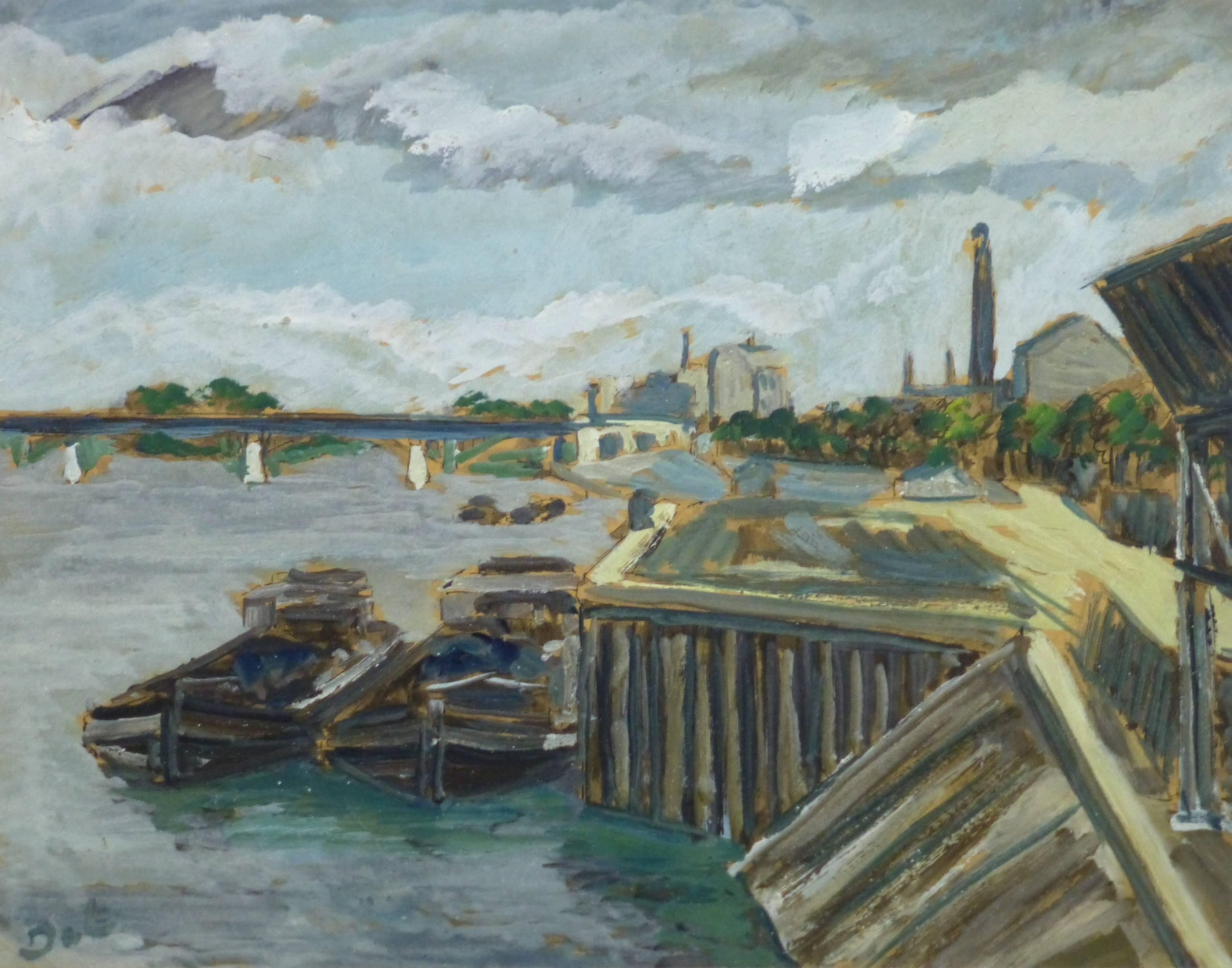 Vintage French Oil Landscape - The Dock