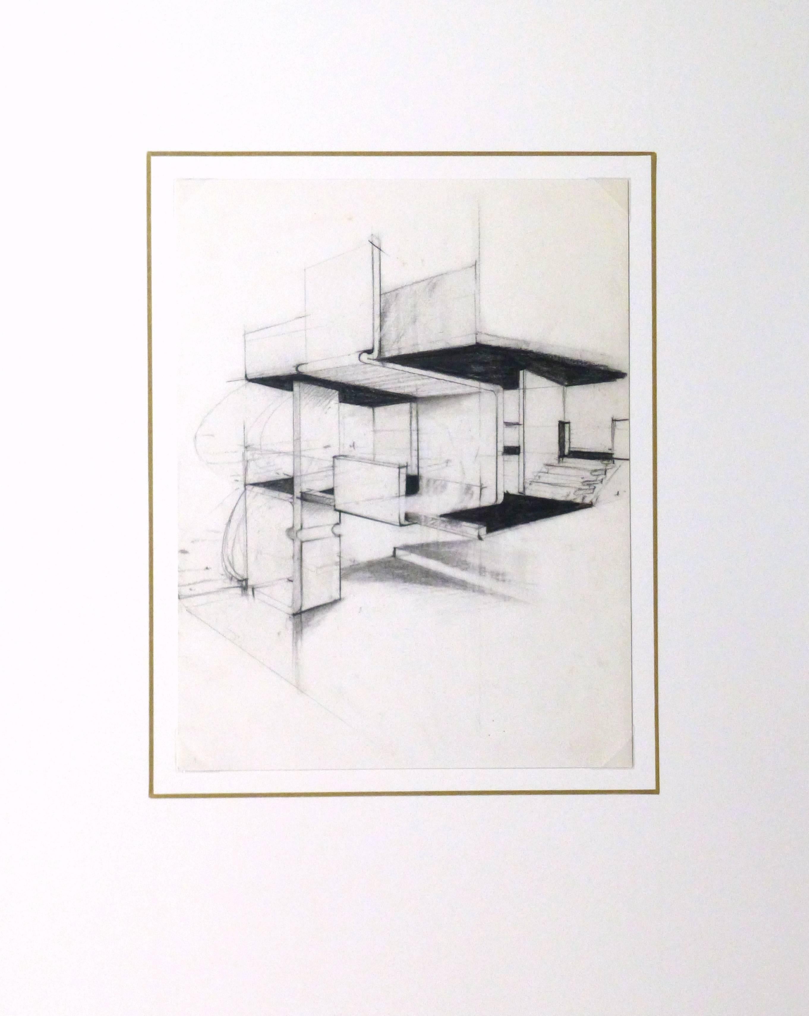 Dessin moderne au crayon d'une conception architecturale contemporaine, vers 1970. 

Œuvre originale sur papier présentée sur un tapis blanc avec une bordure dorée. Le tapis s'adapte à un cadre de taille standard. Pochette d'archivage en plastique