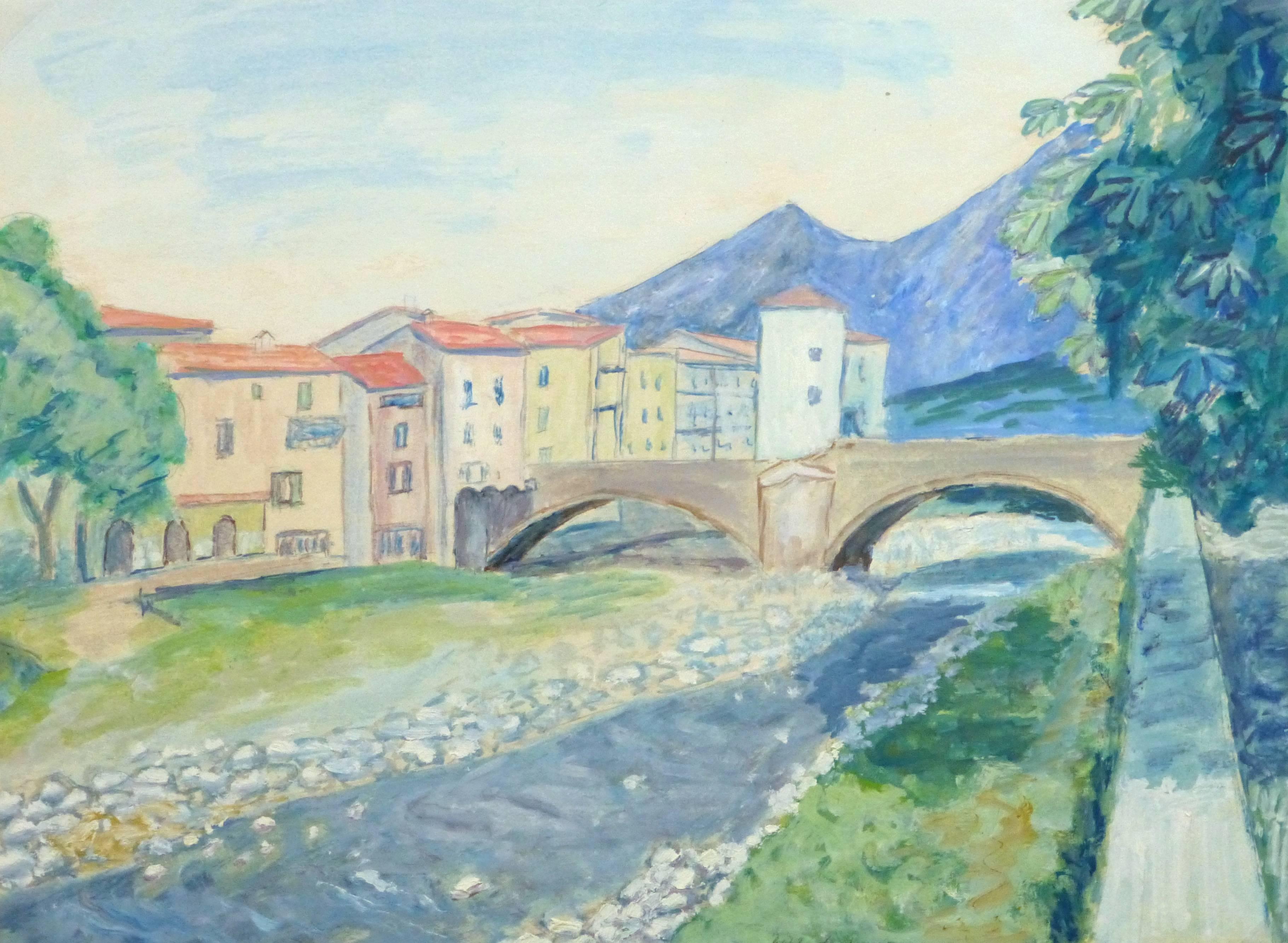 Albert Guillaume Landscape Painting - Vintage French Landscape - River Town