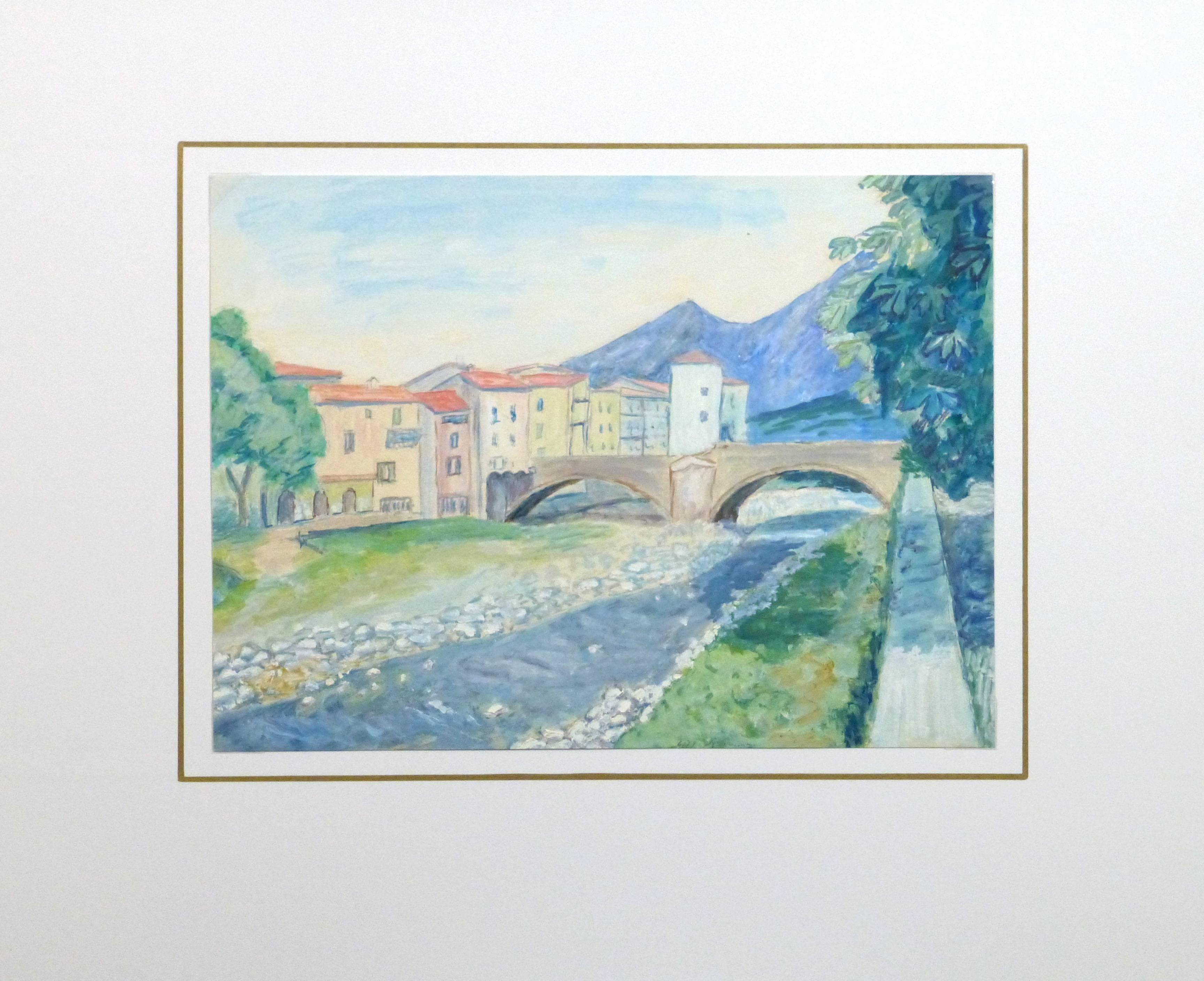 Pastel hued landscape of a small town bordering a small river near the pre-Alpes mountains by French artist A. Guillaume, 1979.

Original artwork on paper displayed on a white mat with a gold border. Mat fits a standard-size frame. Archival