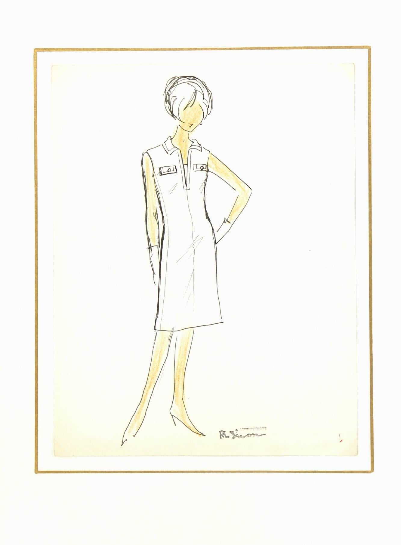 Vintage French Pen & Ink Fashion Sketch - Slim Fit Dress - White Figurative Art by Unknown