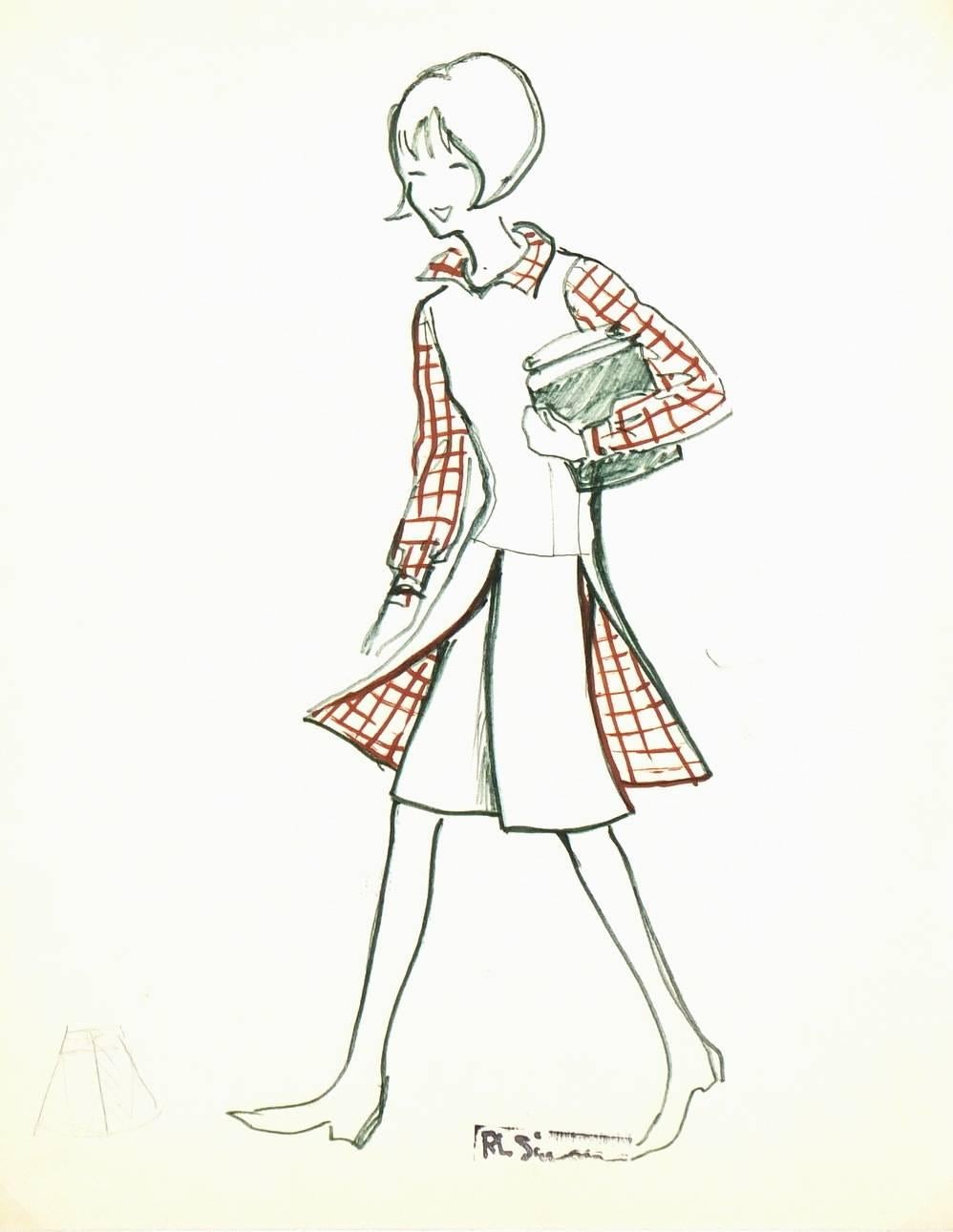 Unknown Figurative Art - Vintage French Pen & Ink Fashion Sketch - Casual Plaids
