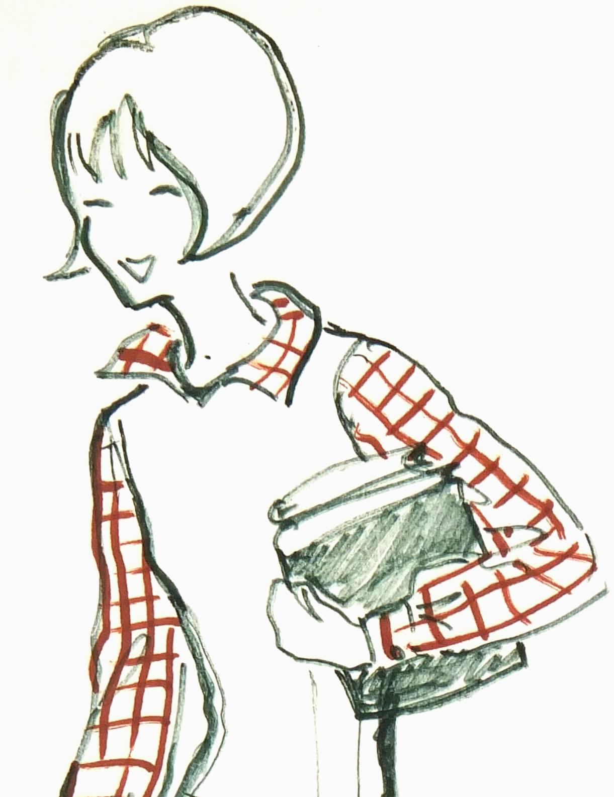 Vintage French Pen & Ink Fashion Sketch - Casual Plaids - Art by Unknown