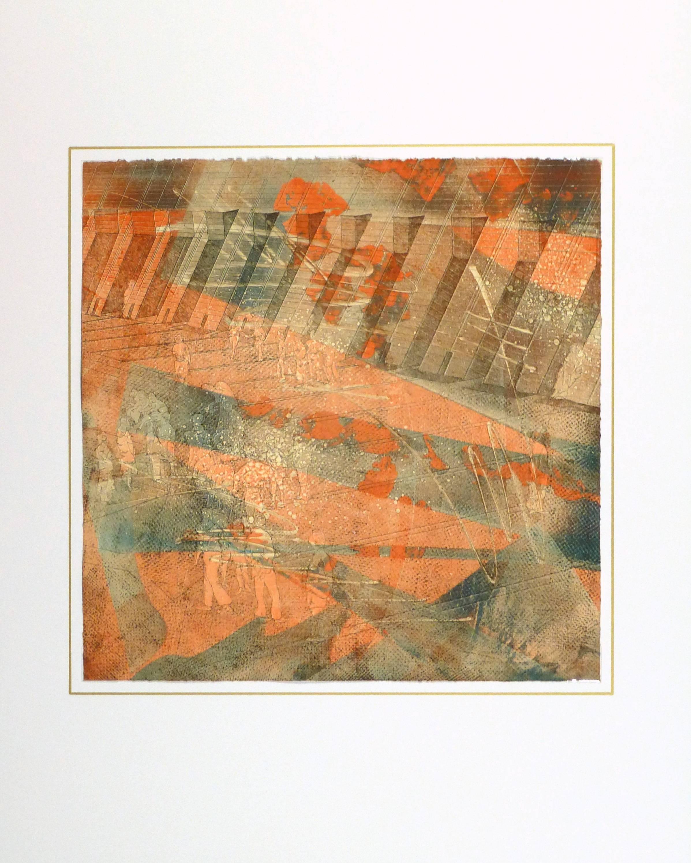 Estupendas pinturas de técnica mixta en un caleidoscopio de colores y una técnica de collage de papel de la artista estadounidense Kismine Varner, hacia 1990. 
Sin firmar.  

Obra de arte original única sobre papel expuesta en un tapete blanco con