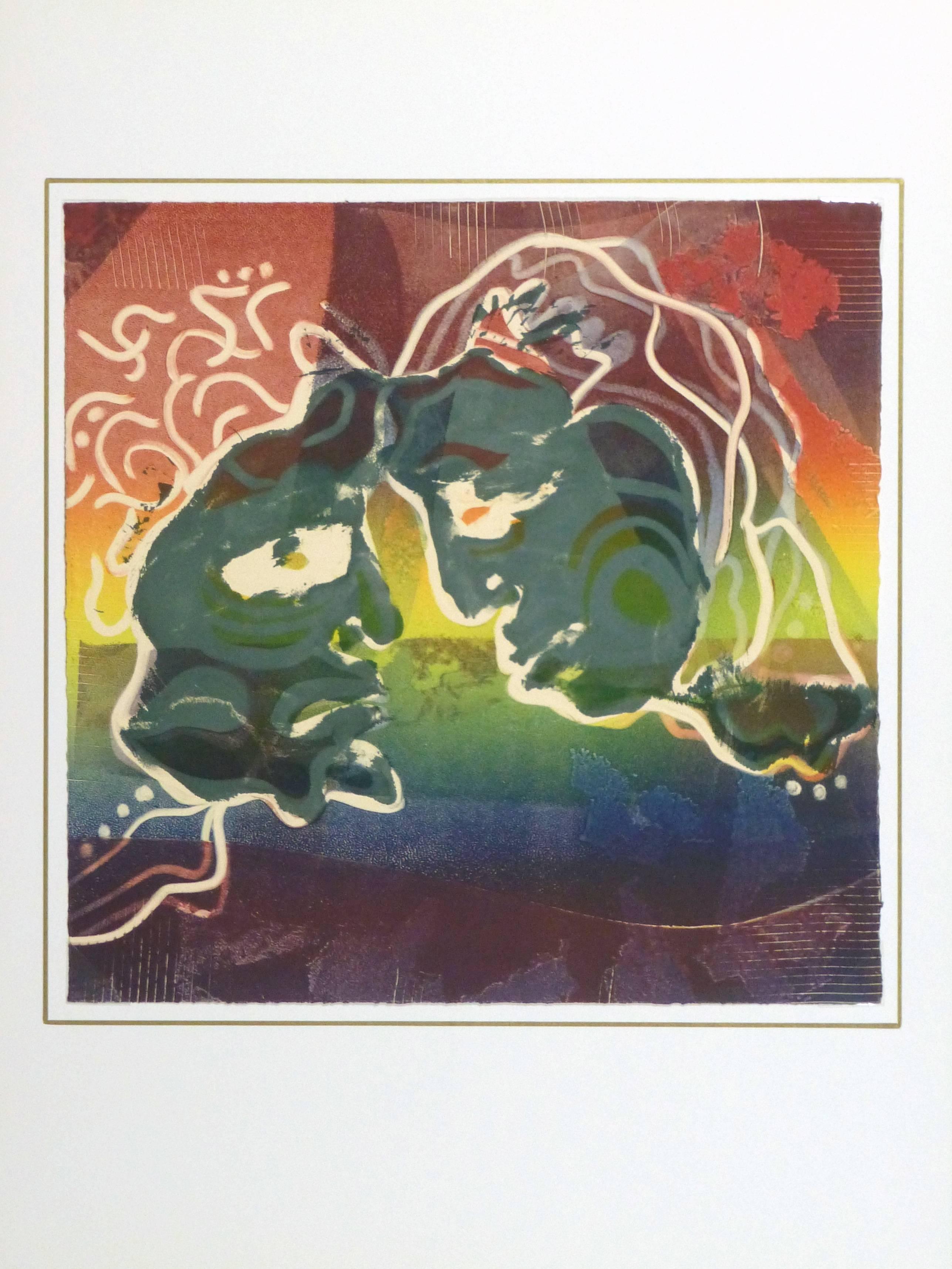 Brilliantly colored mixed media monotype of opposing faces in profile by American artist Kismine Varner, circa 1990.  

Original one-of-a-kind work of art on paper displayed on a white mat with a gold border. Mat fits a standard-size frame. Archival
