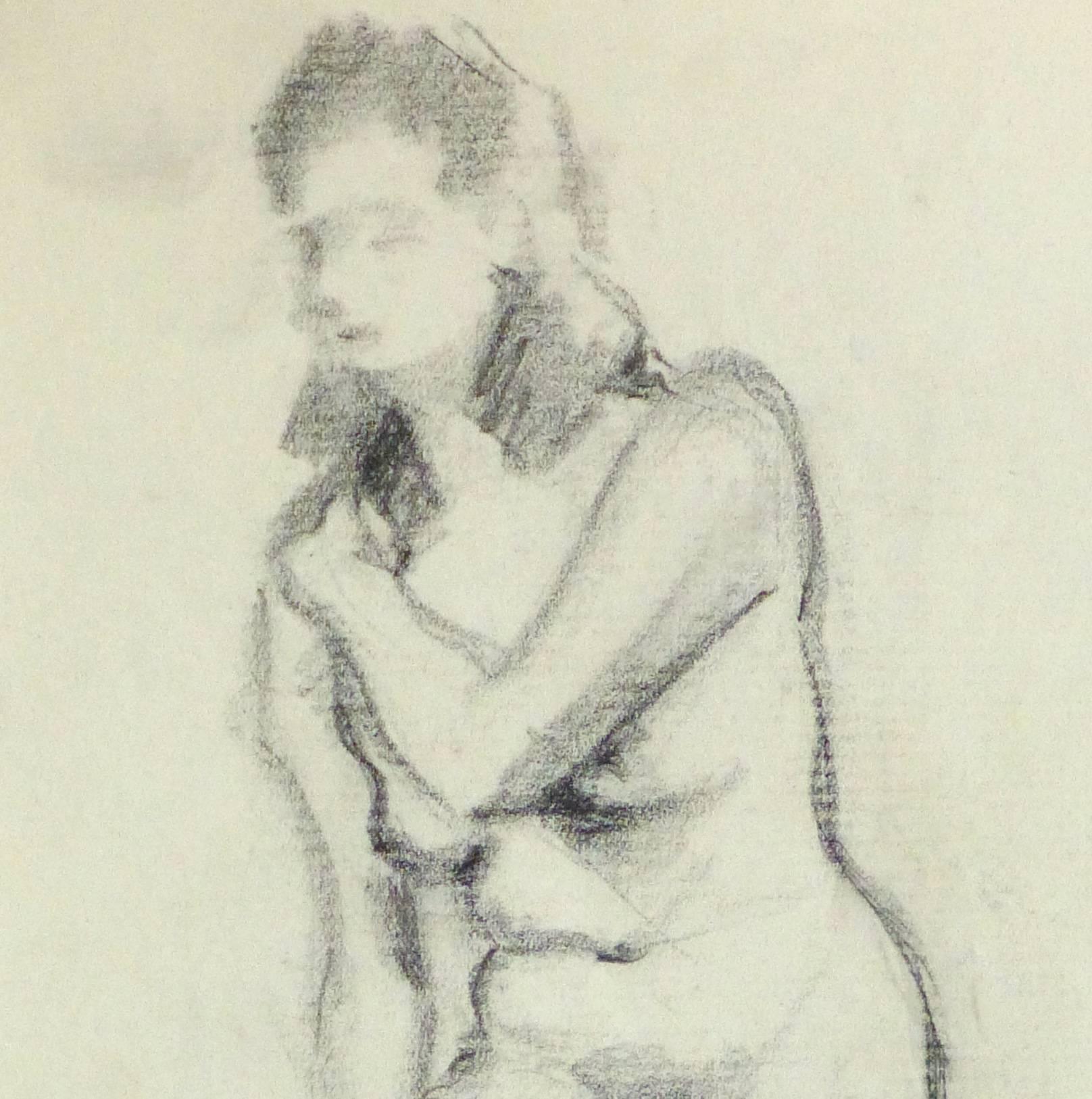 Vintage nude pencil sketch of a female figure in a seated position by Belgian artist Jean Ernst, circa 1940.

Original artwork on paper displayed on a white mat with a gold border. Archival plastic sleeve and Certificate of Authenticity included.