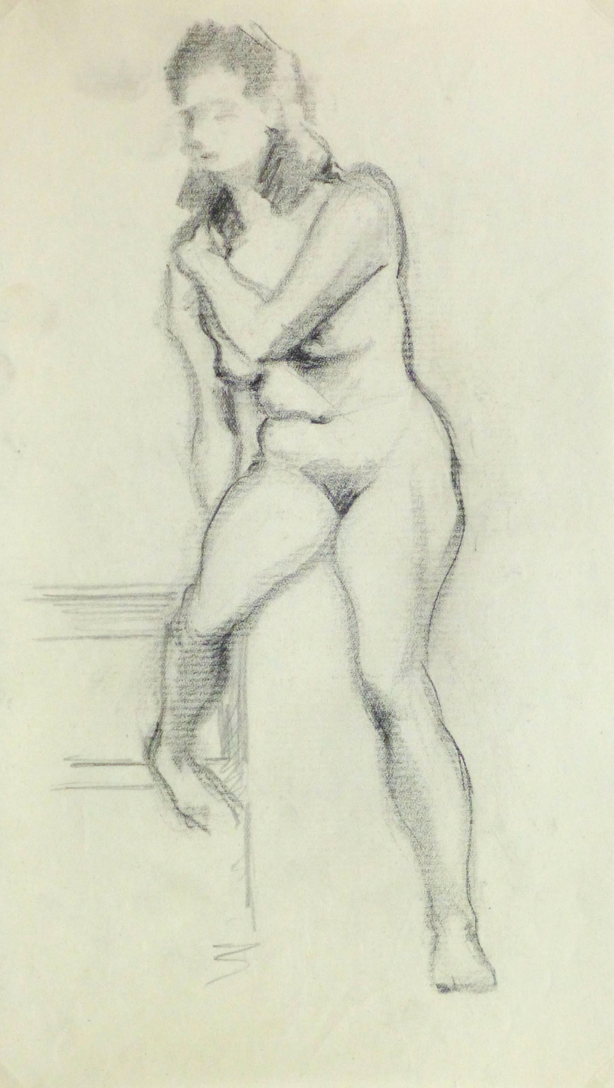 Nude Pencil Sketch - Seated Female - Art by Jean Ernst