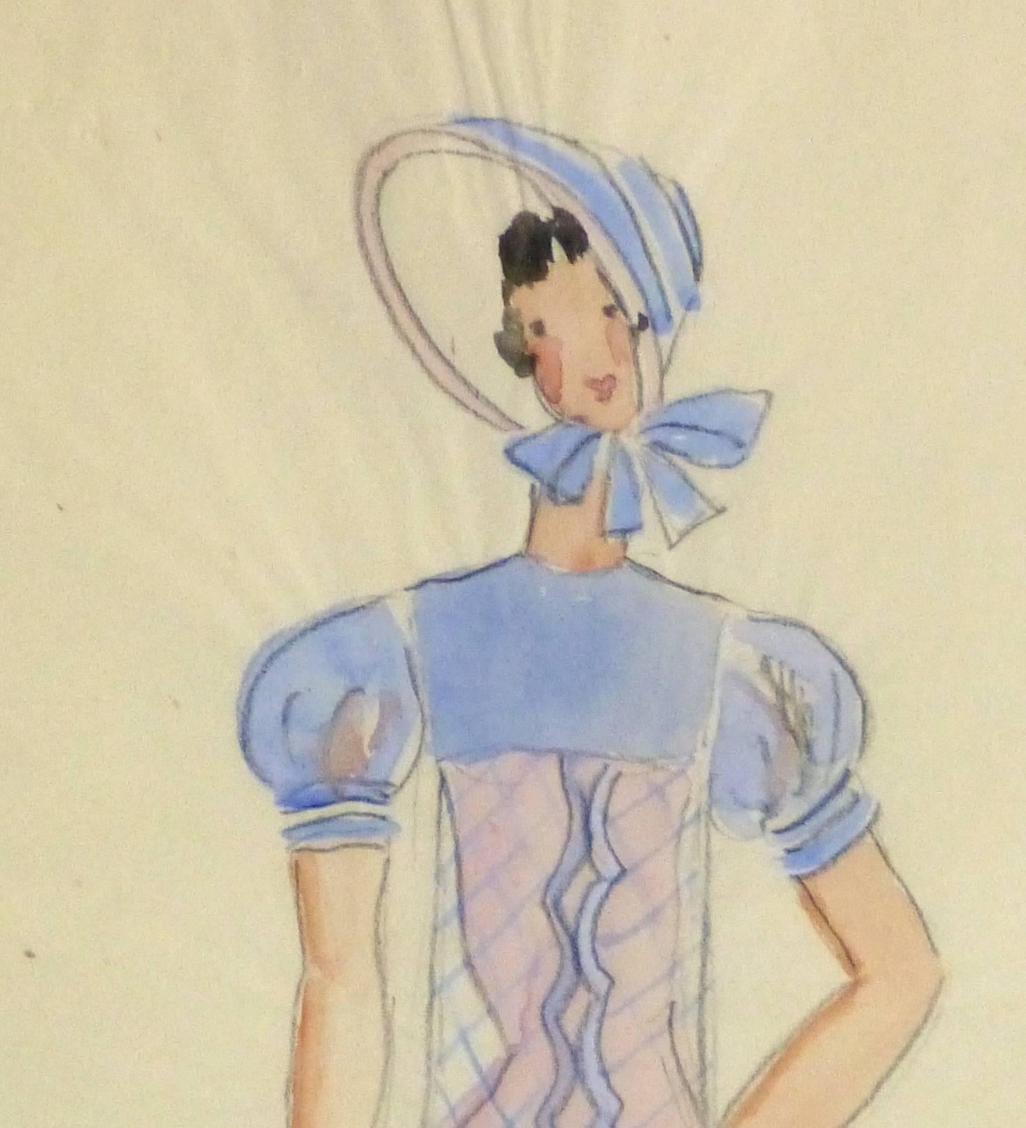 Vieille croquise de théâtre parisienne - Belle robe de bonnet - Art de Unknown