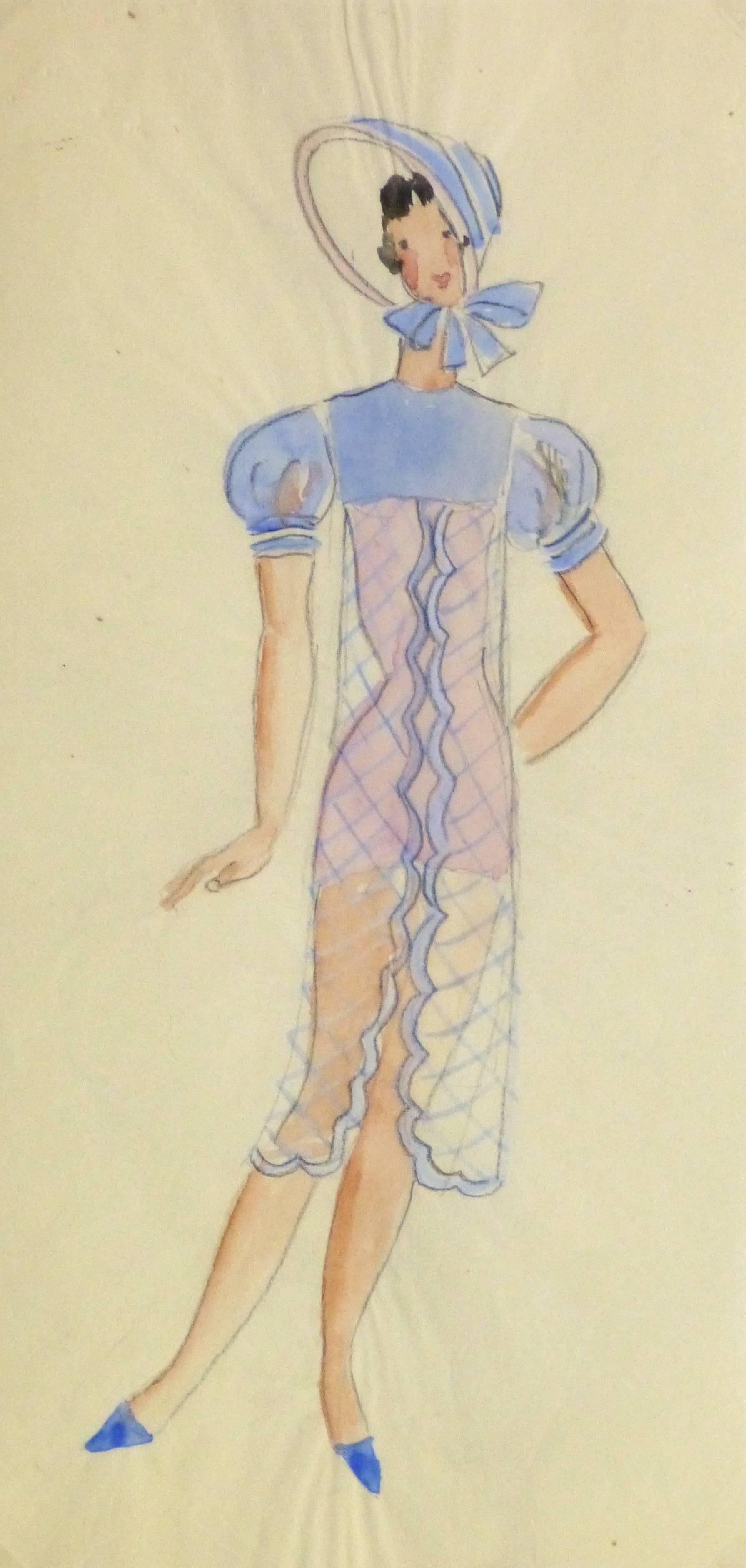 Figurative Art Unknown - Vieille croquise de théâtre parisienne - Belle robe de bonnet