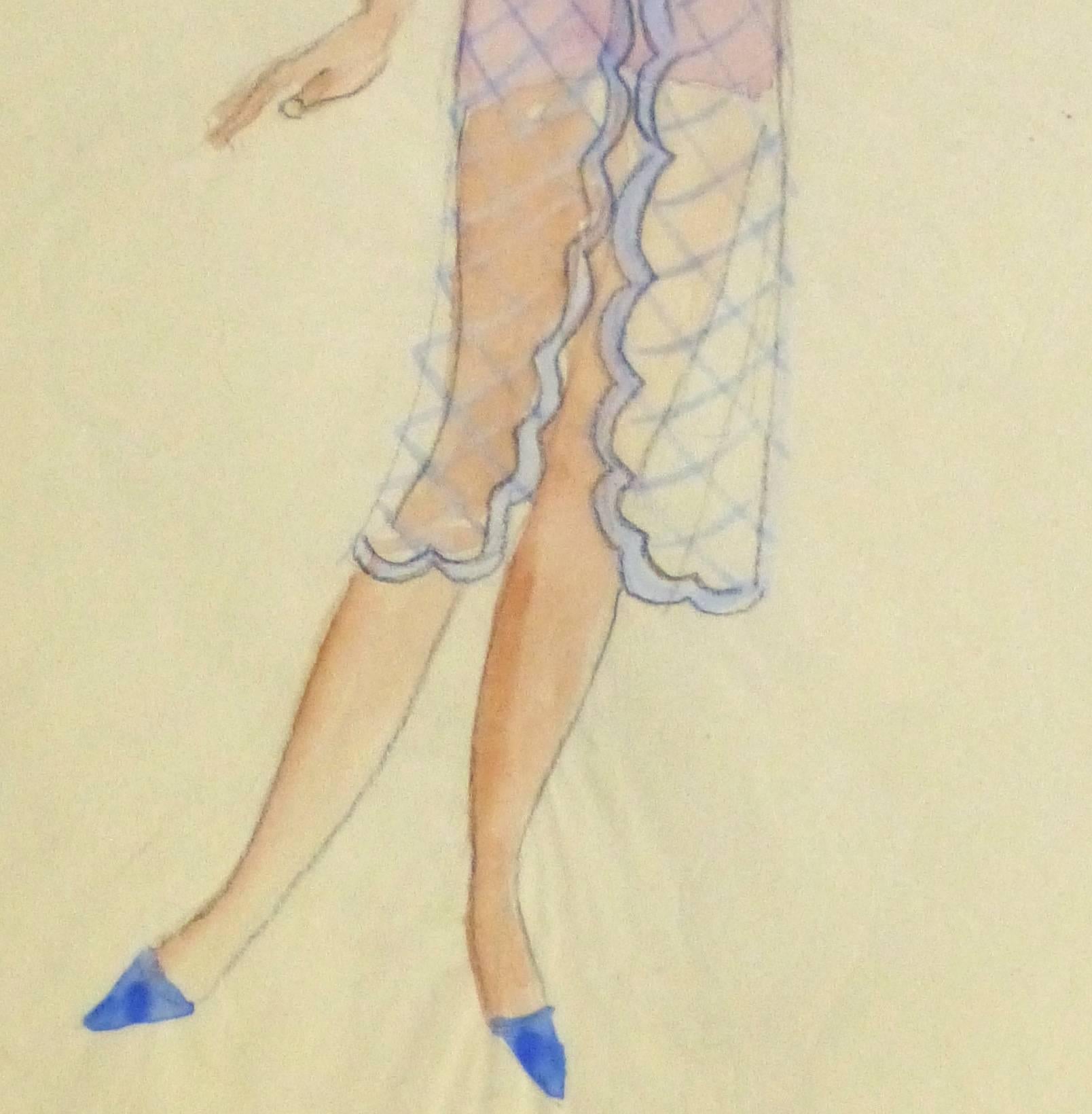 Vieille croquise de théâtre parisienne - Belle robe de bonnet - Beige Figurative Art par Unknown