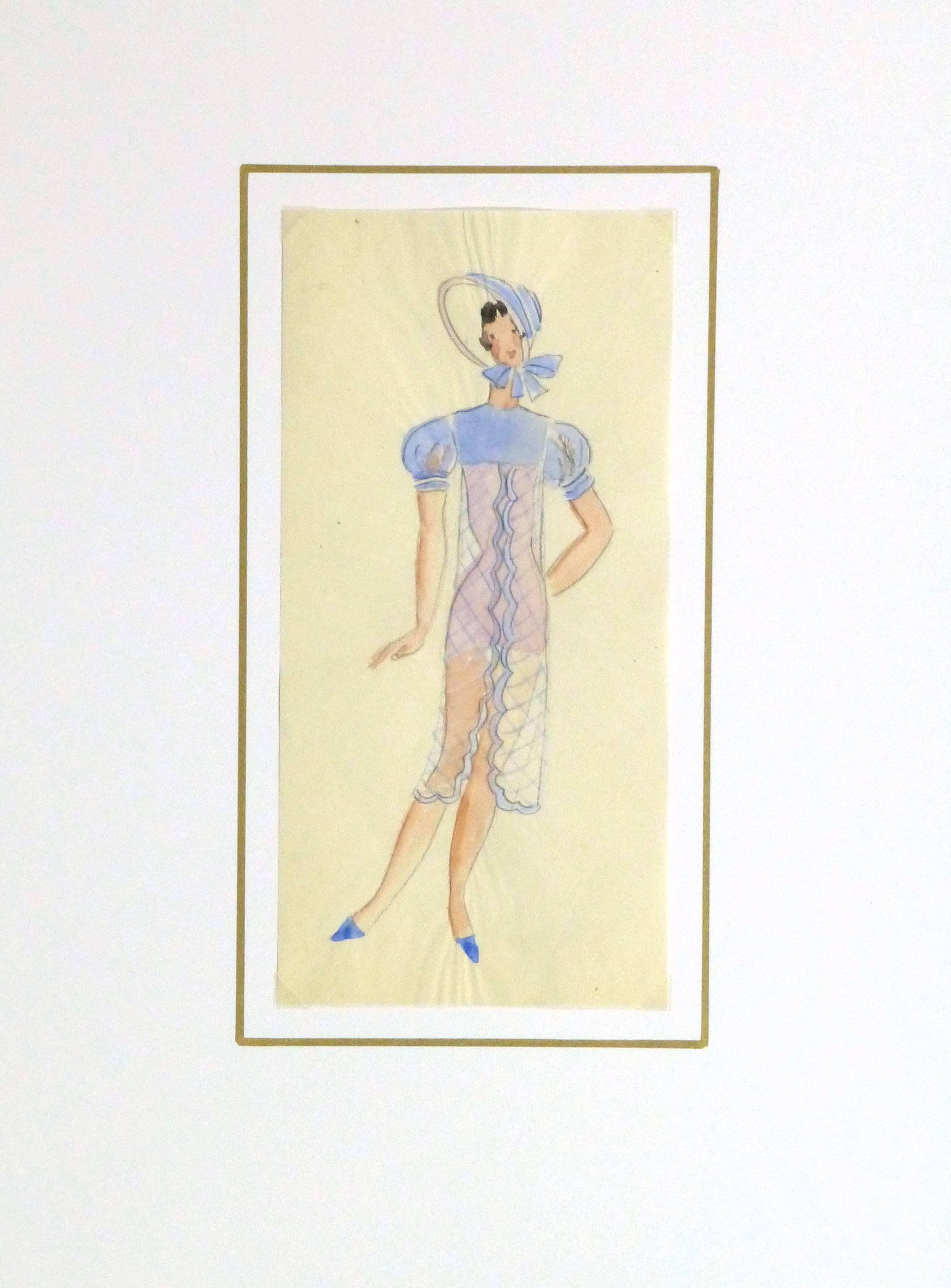 Charmante esquisse à la gouache et au crayon d'un costume de scène féminin avec bonnet assorti pour un théâtre parisien par Willie & Co, vers 1930.

Œuvre d'art originale sur papier présentée sur un tapis blanc avec une bordure dorée. Pochette