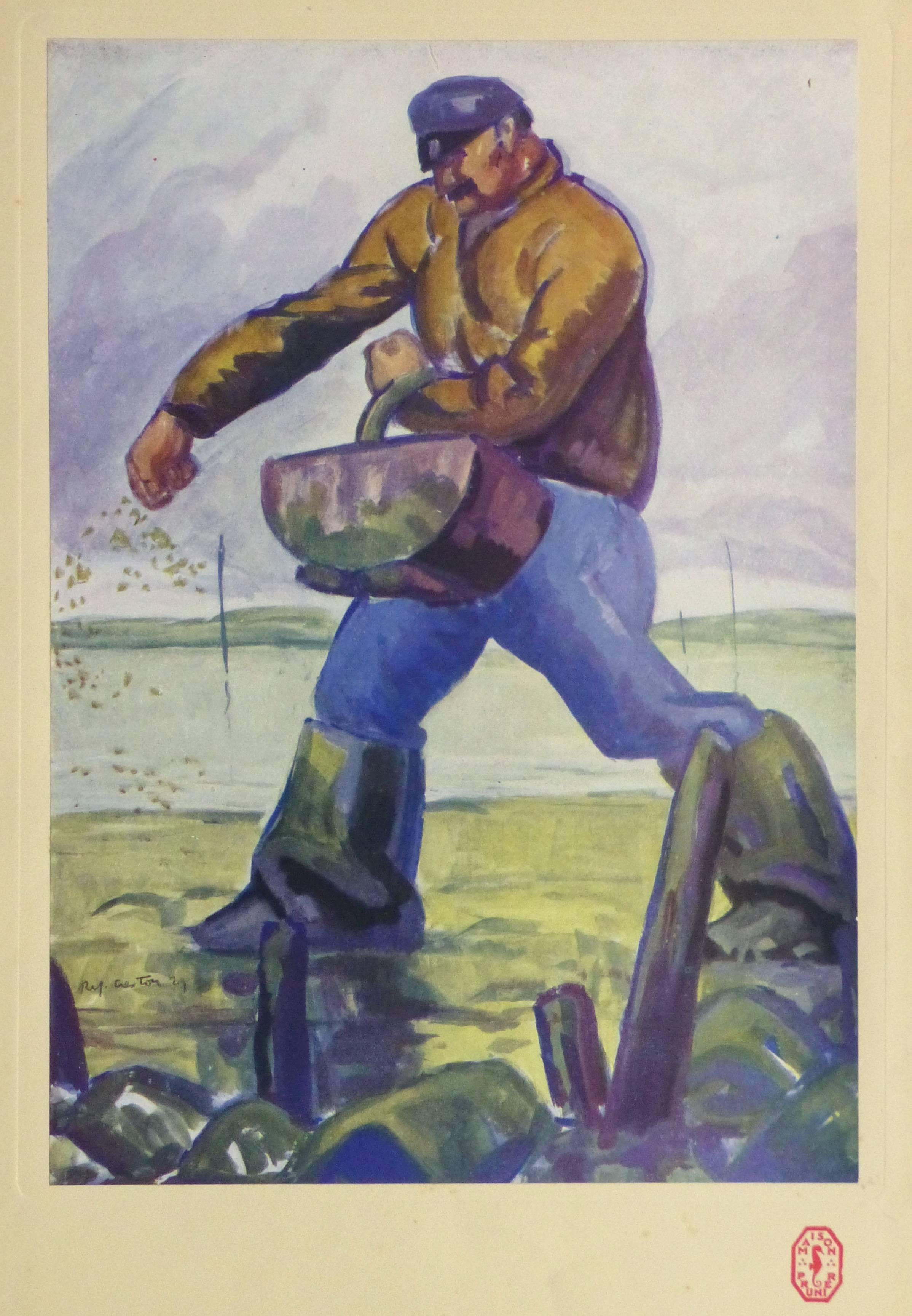René-Yves Creston Figurative Print - Vintage French Lithograph - Tending the Oyster Bed