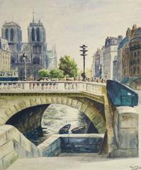 Vintage French Watercolor - Parisian Bridge