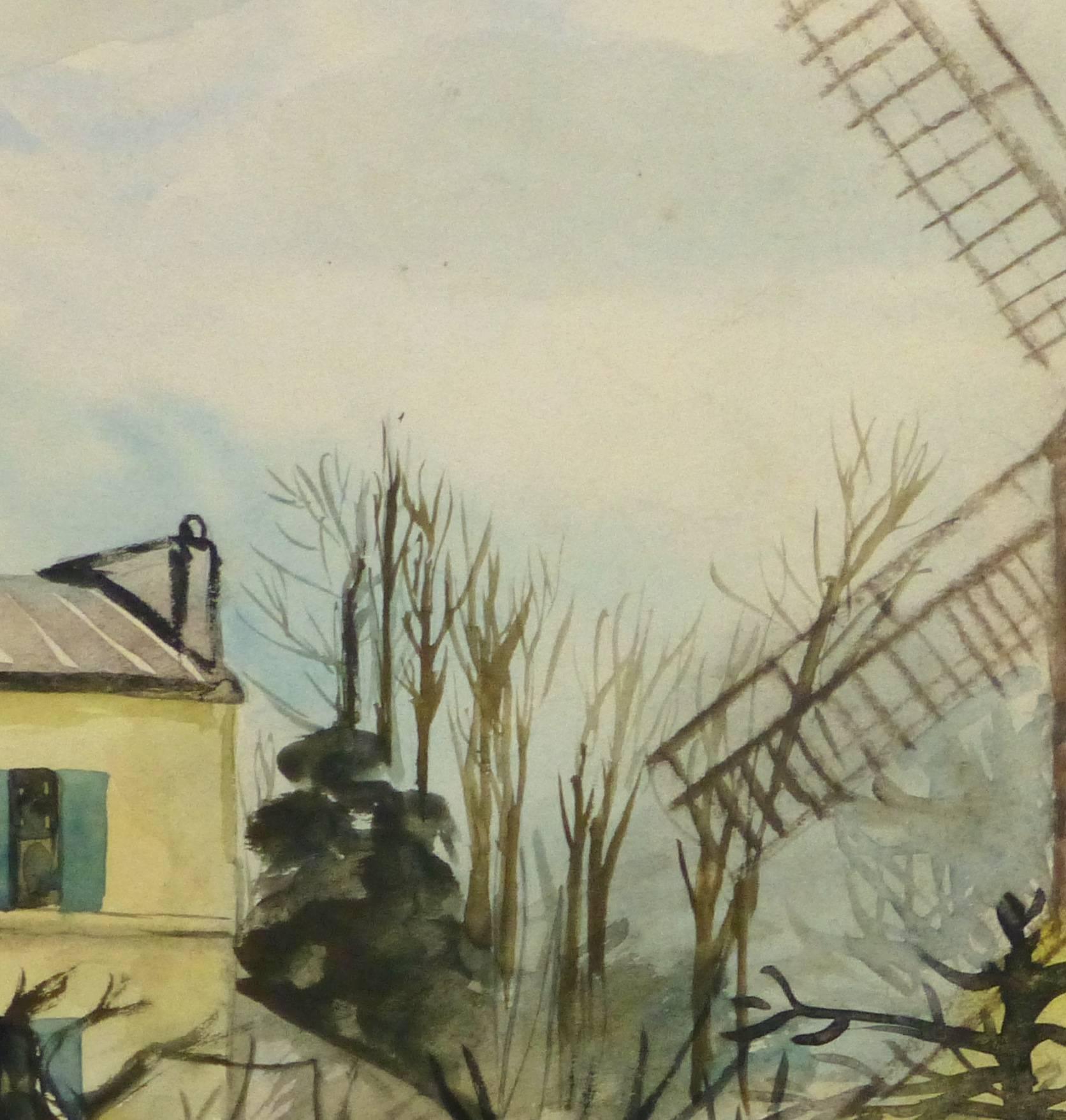 Vintage French Watercolor Landscape - Moulin de la Galette, Paris - Art by R. Holstein