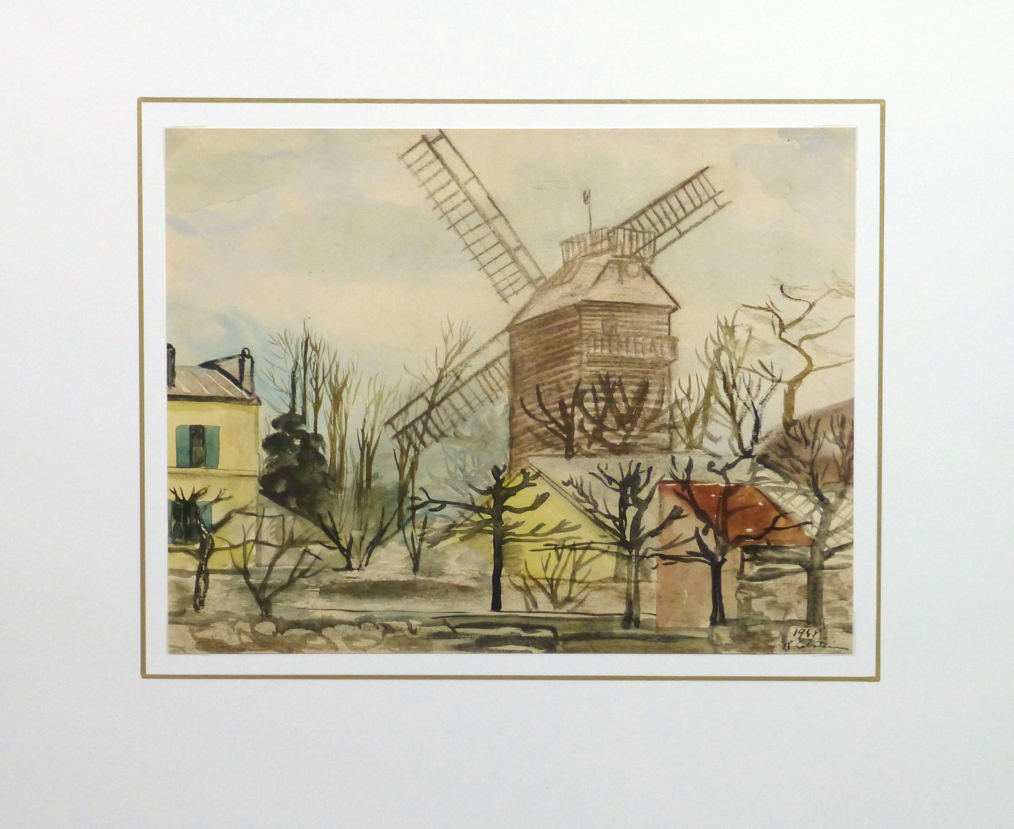 Vintage French Watercolor Landscape - Moulin de la Galette, Paris - Brown Landscape Art by R. Holstein