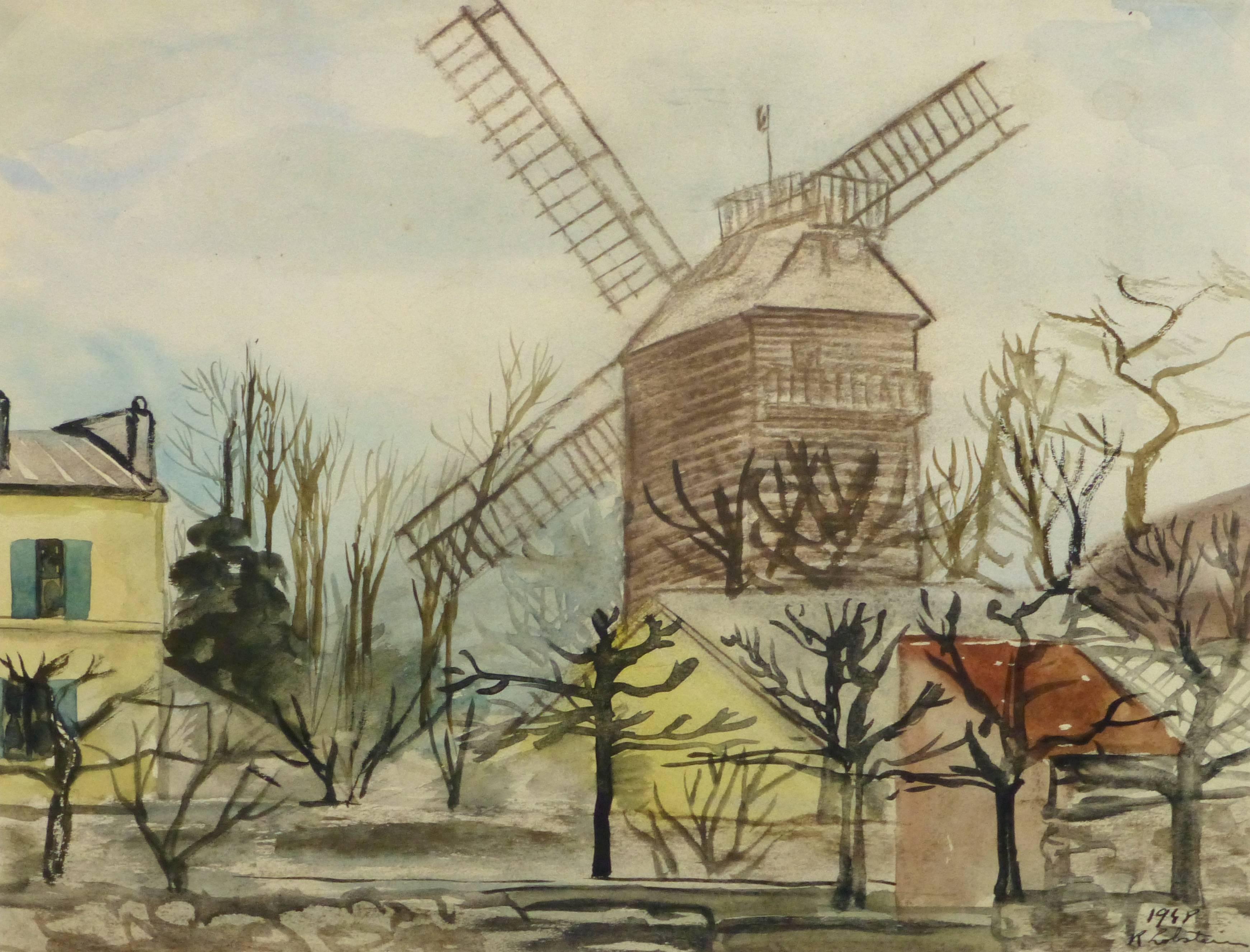 Vintage French Watercolor Landscape - Moulin de la Galette, Paris