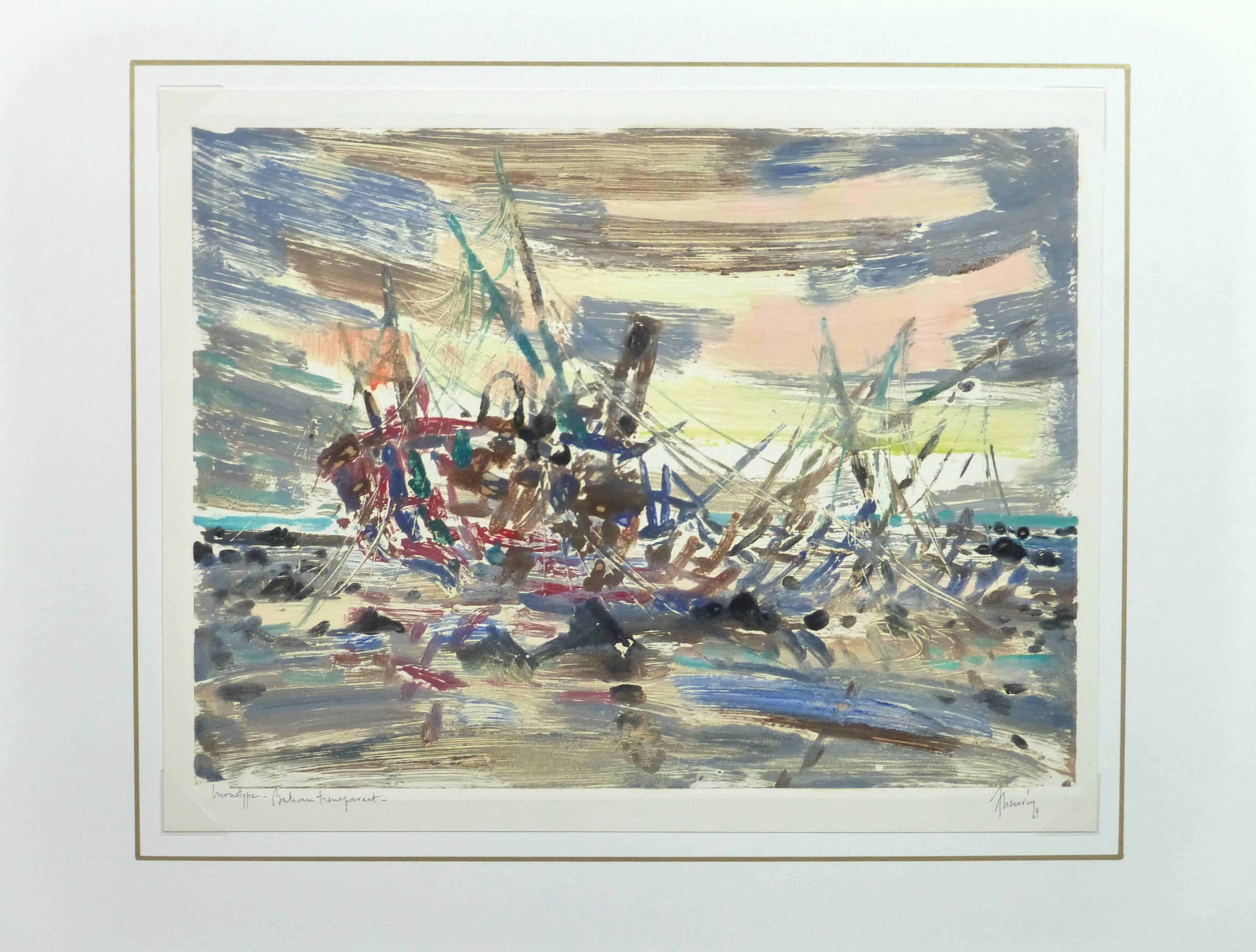Striking monotype painting of an abstract boat, using a vast array of bright hues by French artist Chauvin, 1969. Signed and dated lower right and titled lower left.

Original artwork on paper displayed on a white mat with a gold border. Archival