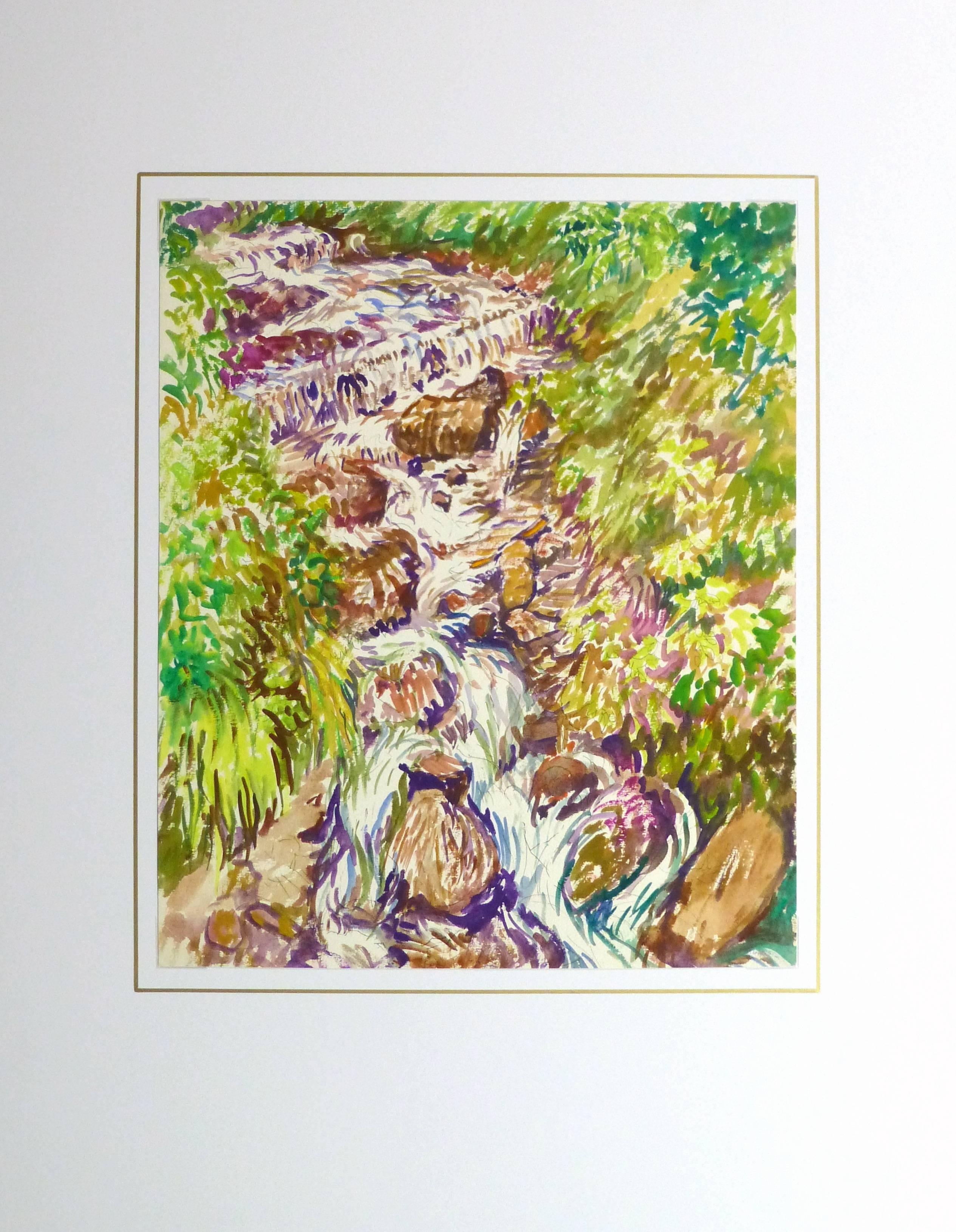 Dipinto di una deliziosa cascata che scorre lungo un torrente roccioso, opera dell'artista Wengen, 1980. 

Opera d'arte originale su carta esposta su un tappetino bianco con bordo dorato. Custodia in plastica per archivi e certificato di autenticità