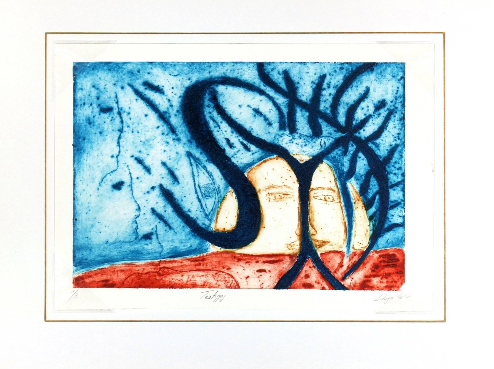 Abstract Aquatint Etching - Testigos - Blue Abstract Print by Unknown