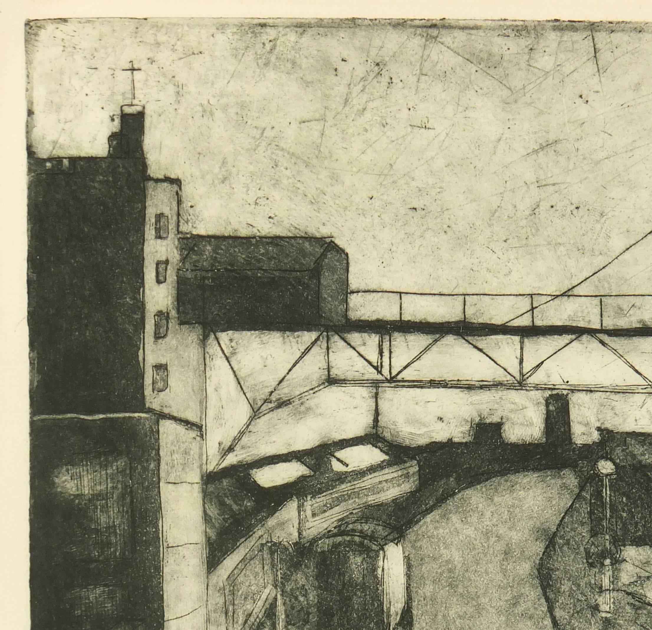 Mid-Century Etching - Industrial Town - Print by Unknown
