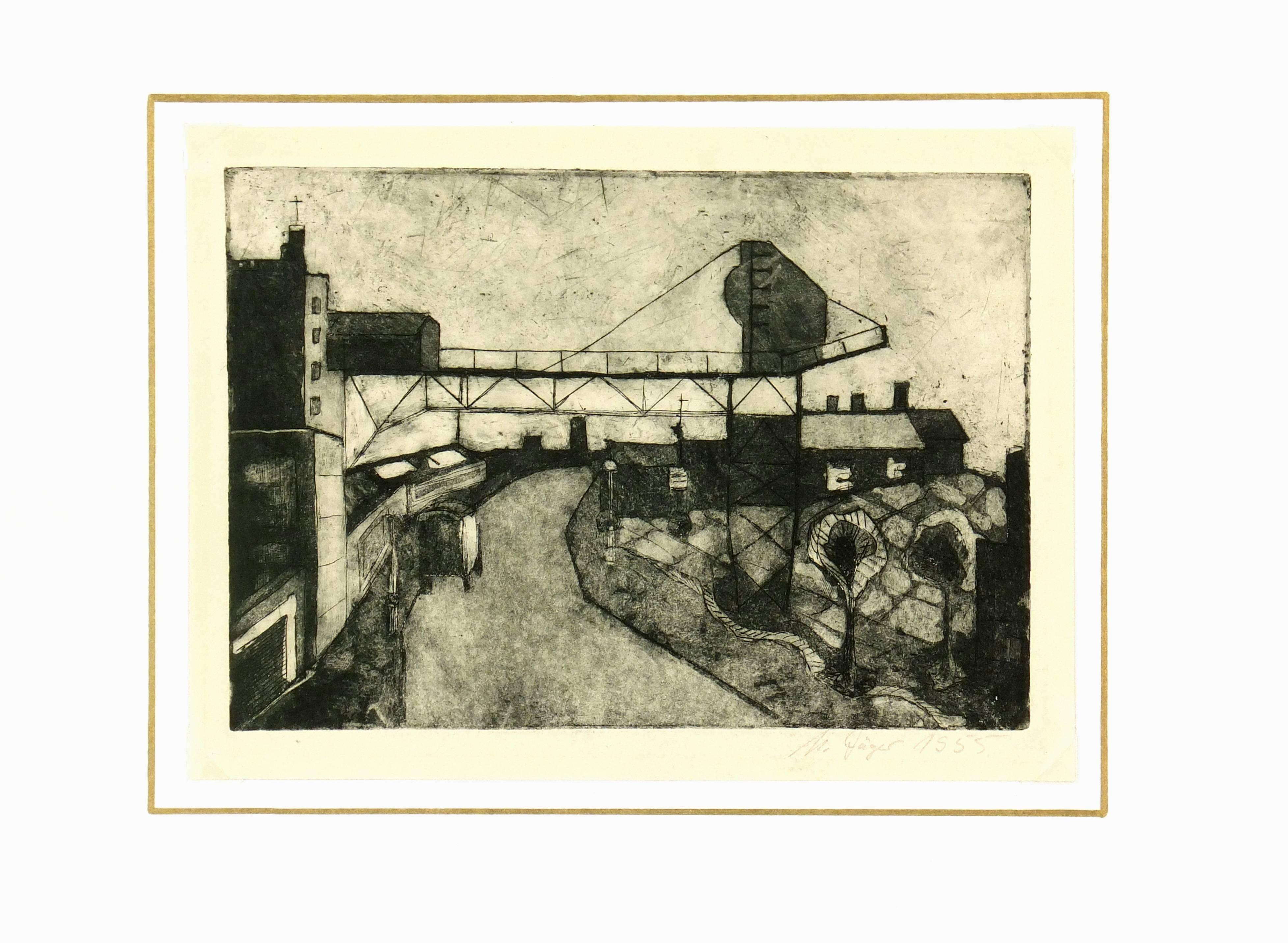 Mid-Century Etching - Industrial Town - Beige Abstract Print by Unknown