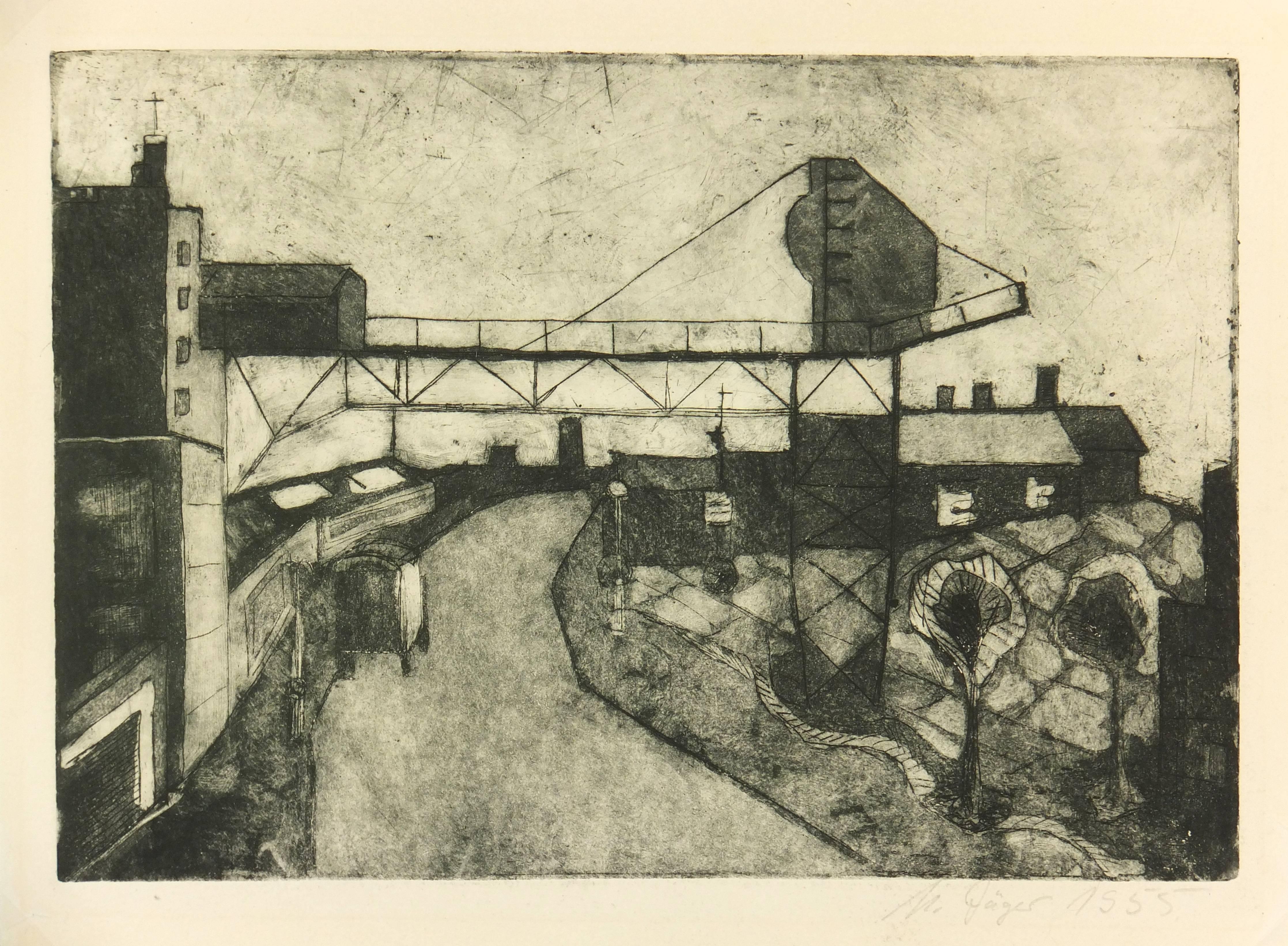 Unknown Abstract Print - Mid-Century Etching - Industrial Town