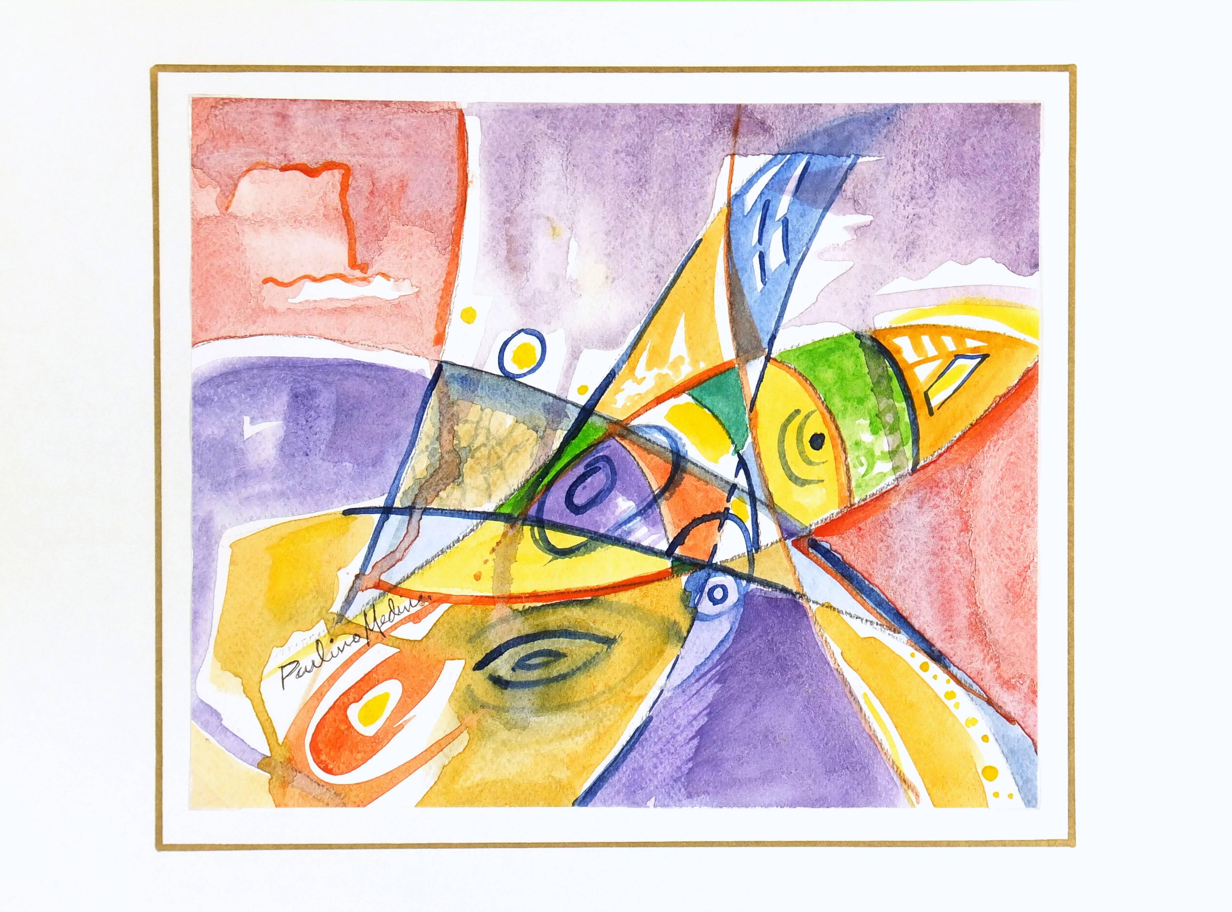 One-of-a-kind abstract watercolor bursting with bright hues, features various swirling shapes overlapping one another by artist Paulino Medina Sosa, 2012. Signé en bas à gauche.

Original artwork on paper displayed on a white mat with a gold border.