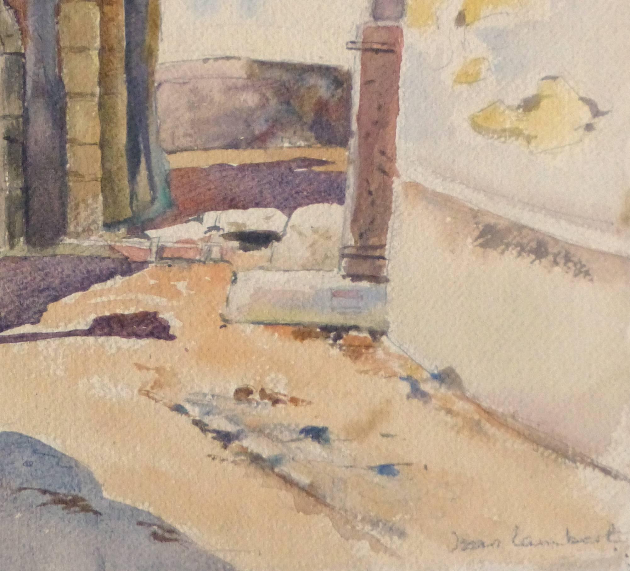 Französisches Aquarell-Gemälde im Dorf de Provence, Vintage – Art von Jean Lambert
