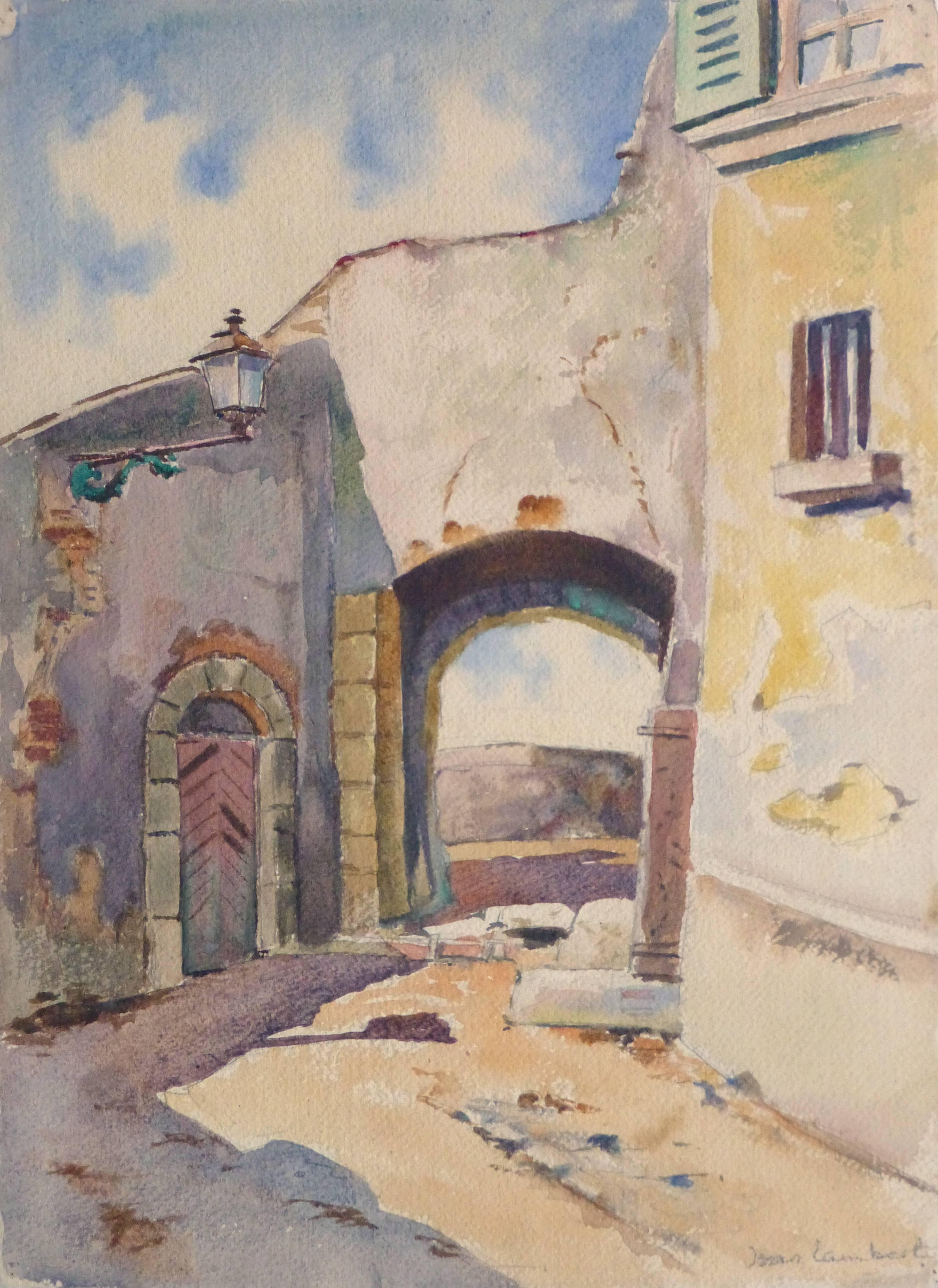 Jean Lambert Landscape Art - Vintage French Watercolor Painting - Village de Provence