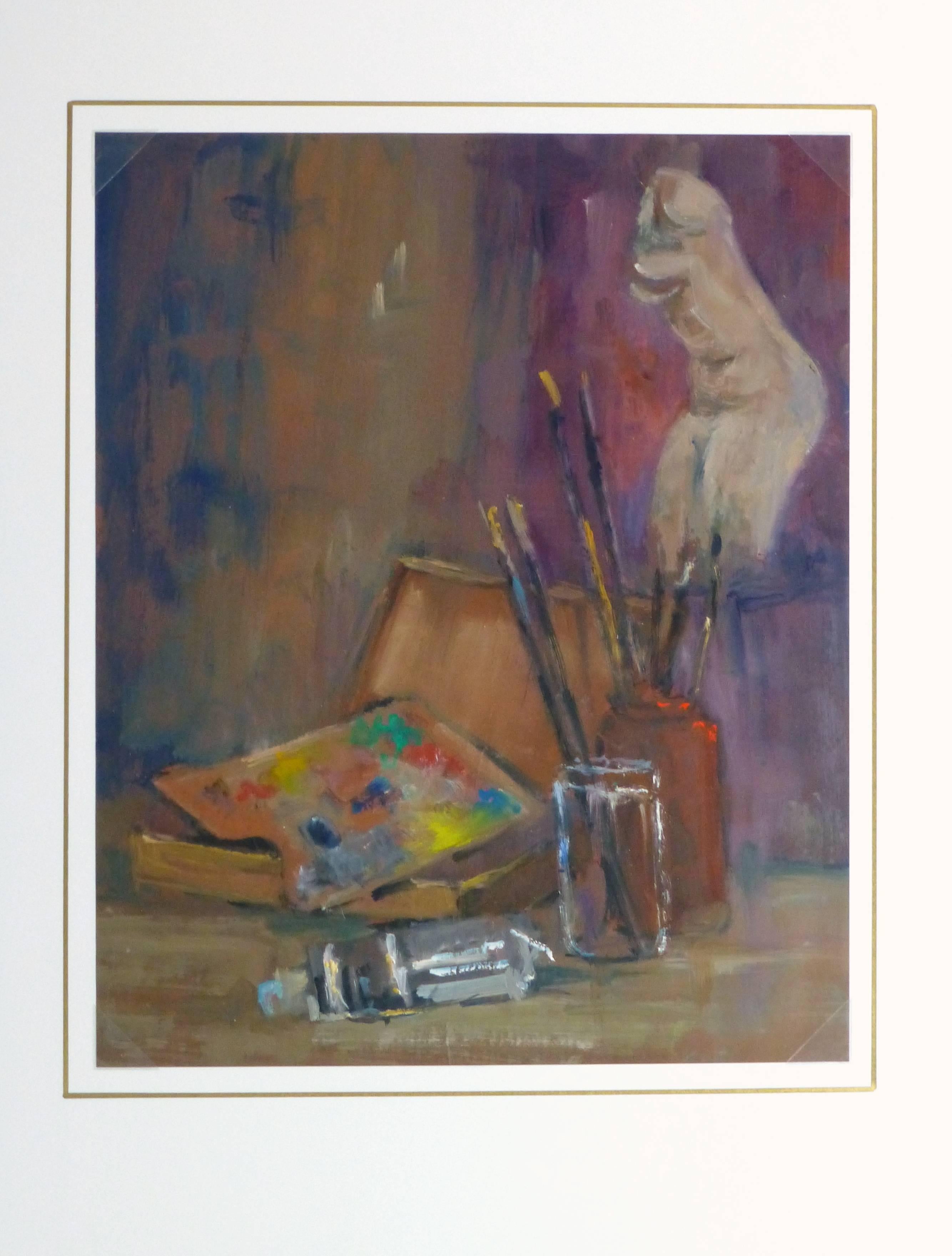Oil on paper still life painting of an artist's supplies coupled with a mannequin bust by French artist Raymond Bailly, circa 1965. 

Original artwork on paper displayed on a white mat with a gold border. Archival plastic sleeve and Certificate of