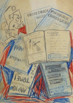 Vintage French Abstract Drawing - Medical Books