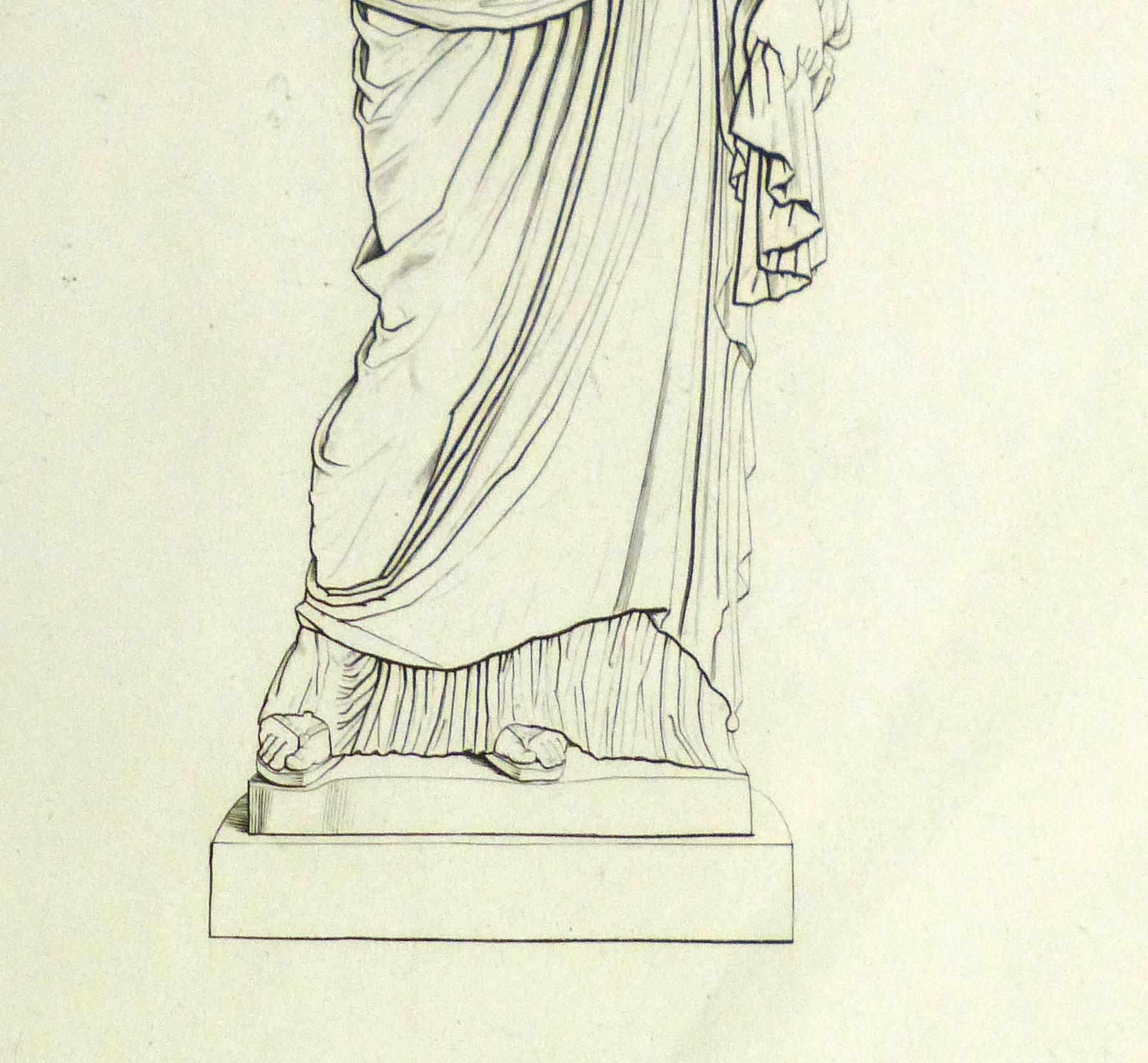 Antique Italian Copper Engraving - Female Statue - Beige Still-Life Print by Unknown