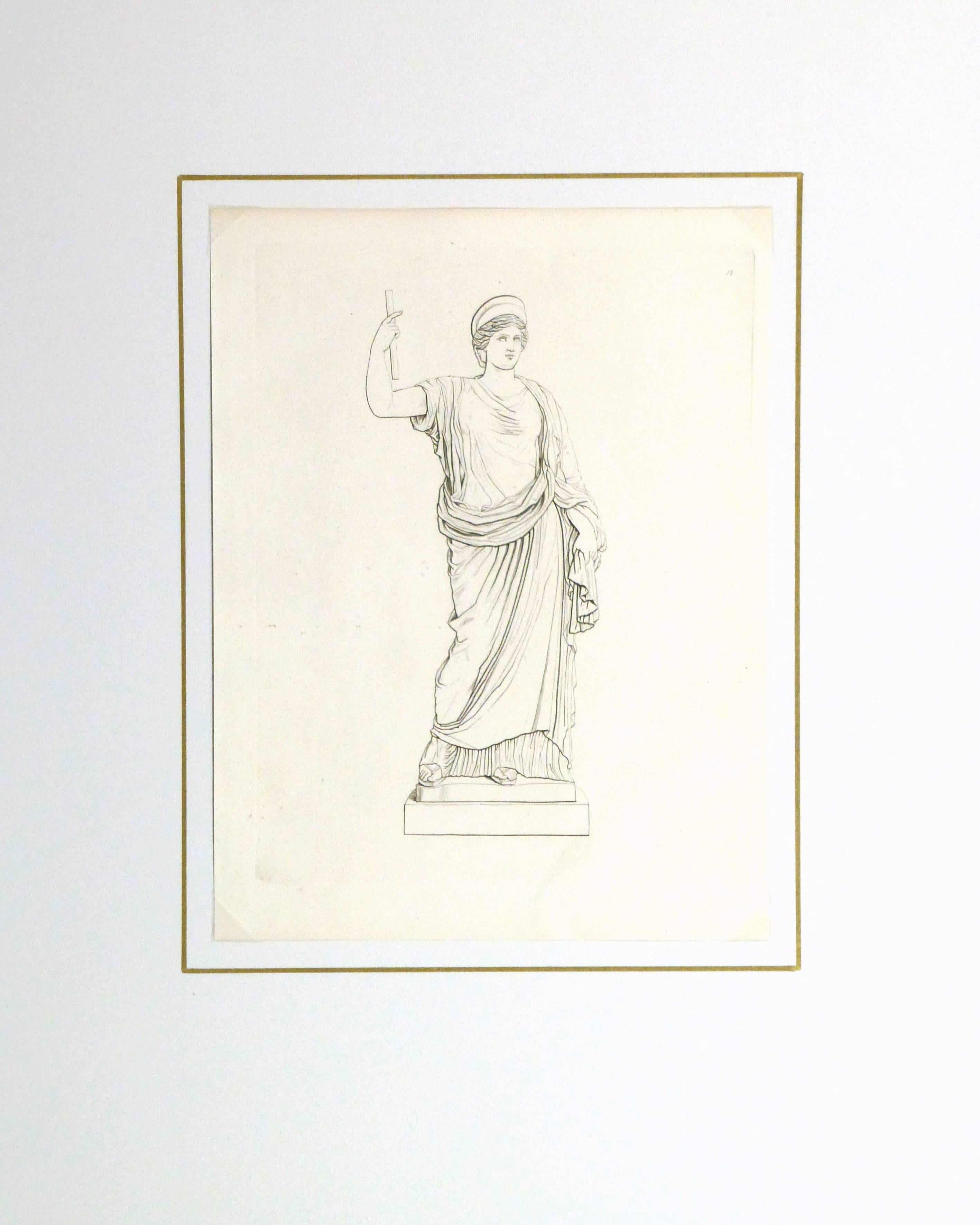 Antique copper engraving of a roman female statue, circa 1850.

Original artwork on paper displayed on a white mat with a gold border. Archival plastic sleeve and Certificate of Authenticity included. Artwork, 11.5
