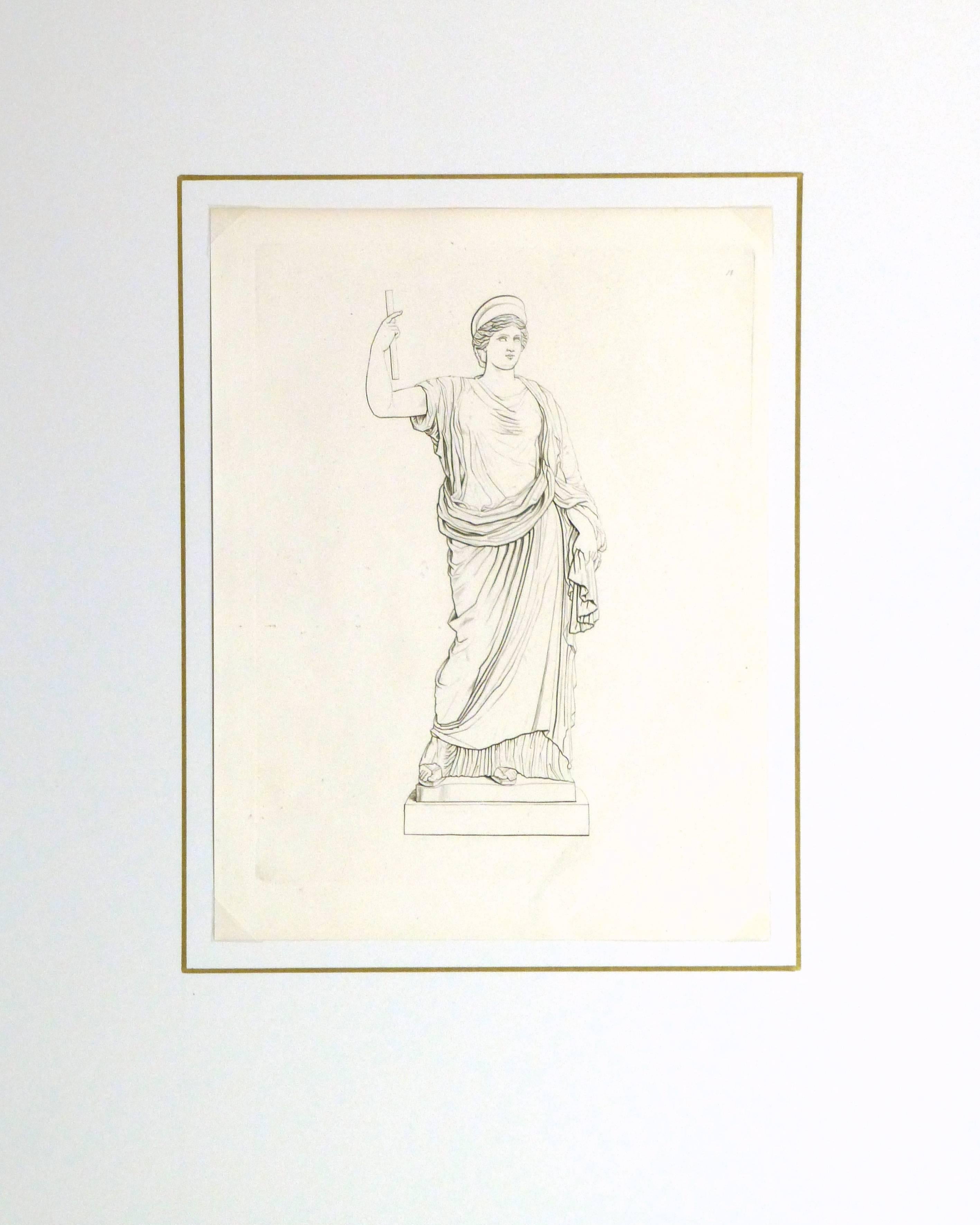 Gravure ancienne sur cuivre d'une statue féminine romaine, vers 1850.

Œuvre d'art originale sur papier présentée sur un tapis blanc avec une bordure dorée. Pochette plastique d'archivage et certificat d'authenticité inclus. Œuvre d'art, 11.5 