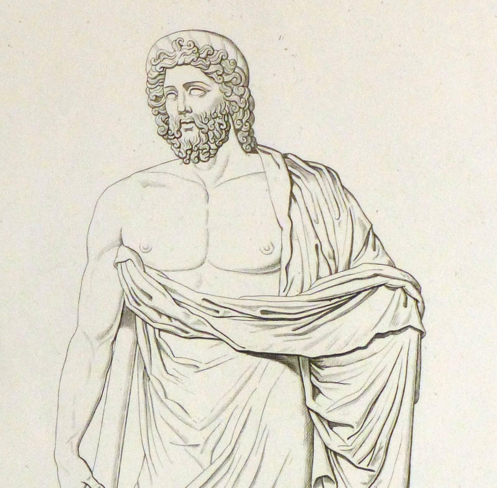 Gravure italienne ancienne en cuivre - Statue masculine avec serpent - Print de Unknown