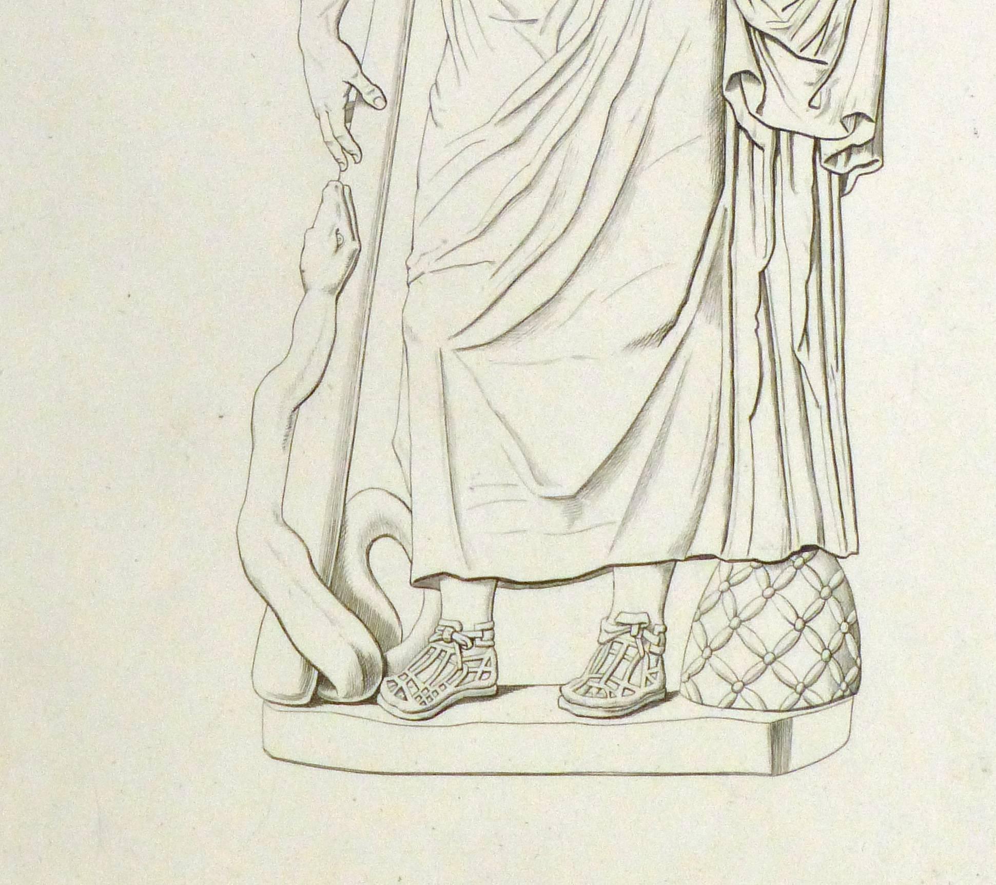 Antiker italienischer Kupferstich – männliche Statue mit Schlangenfigur (Beige), Still-Life Print, von Unknown