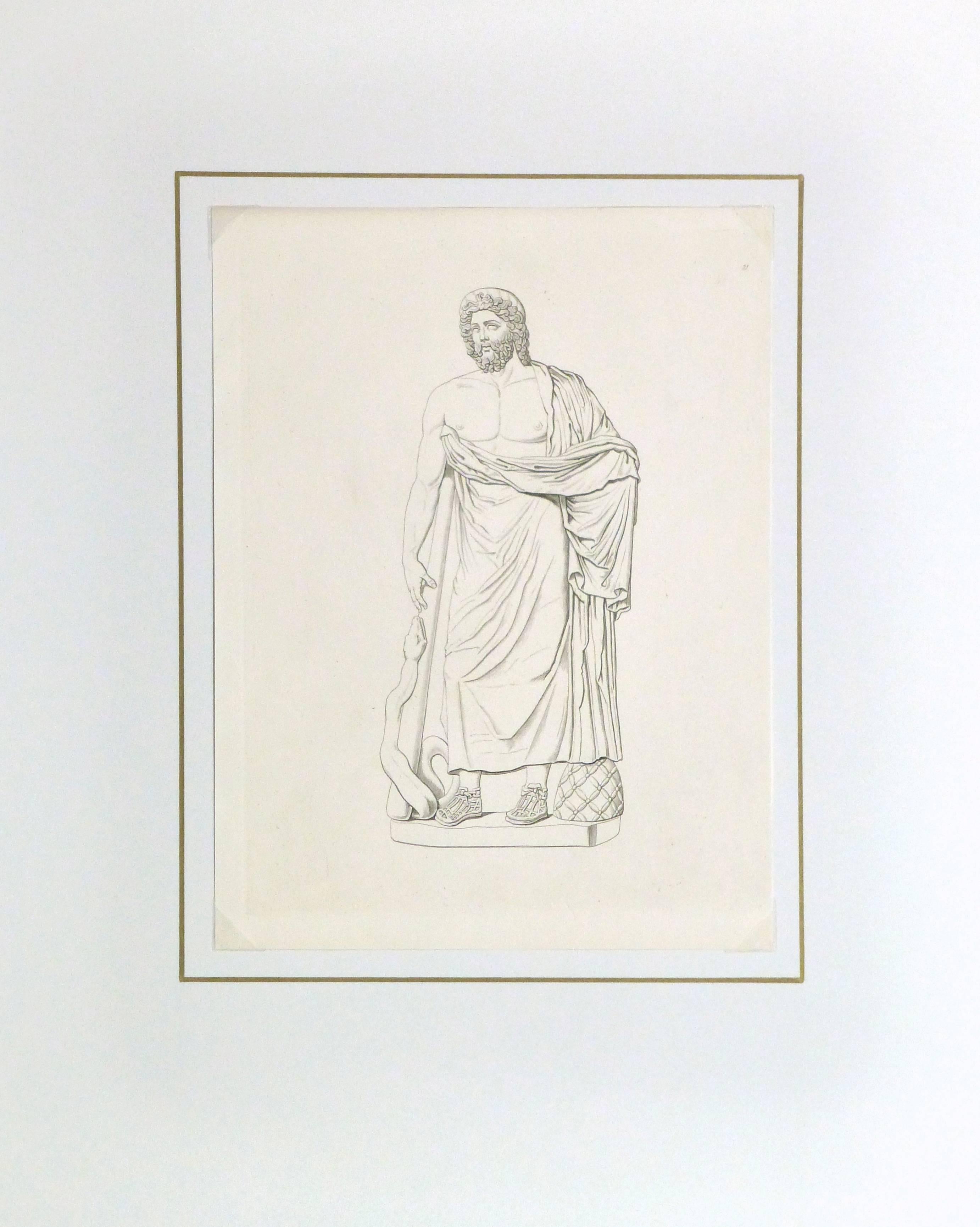 Gravure au trait en cuivre ancienne d'une statue masculine de style romain, tendant un bras tendu vers un serpent, vers 1850.

Œuvre d'art originale sur papier présentée sur un tapis blanc avec une bordure dorée. Pochette plastique d'archivage et