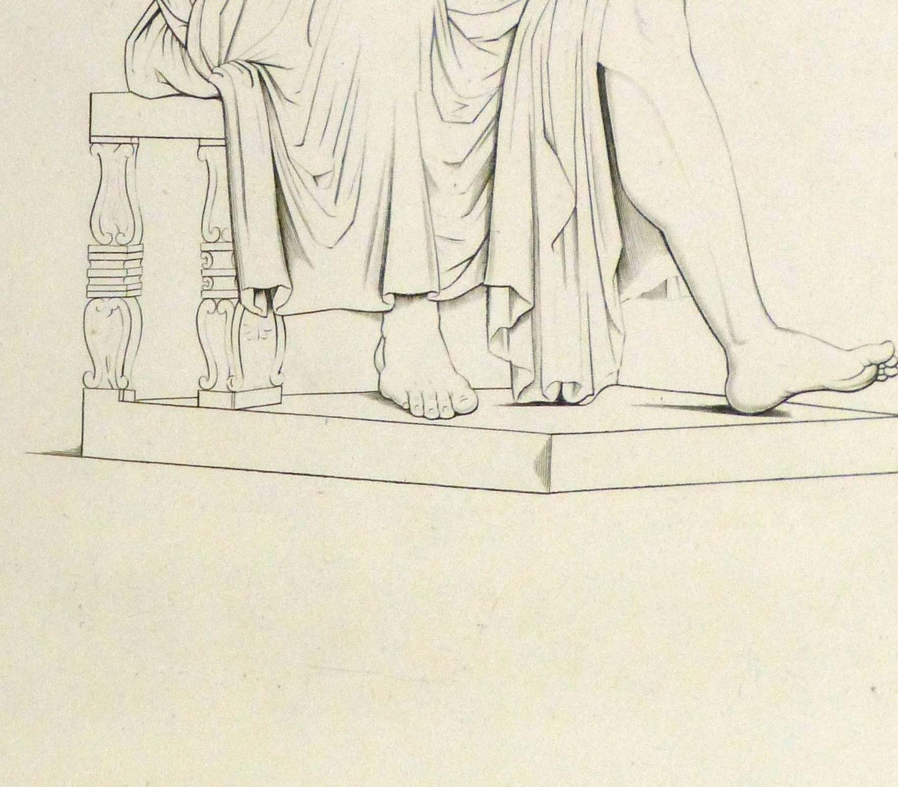Gravure italienne ancienne en cuivre - Statue d'homme romain  - Print de Unknown