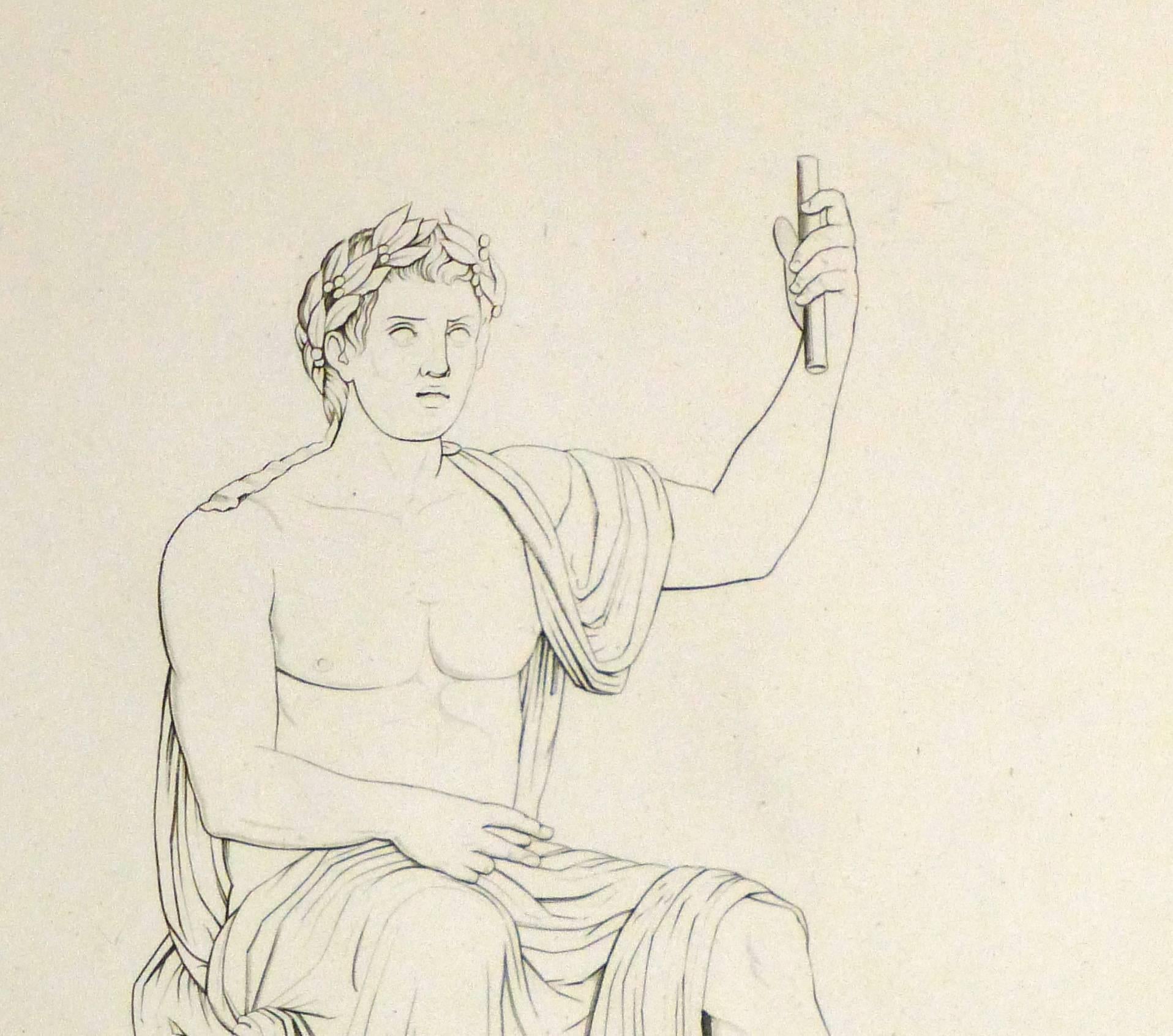 Gravure italienne ancienne en cuivre - Statue d'homme romain  - Beige Still-Life Print par Unknown