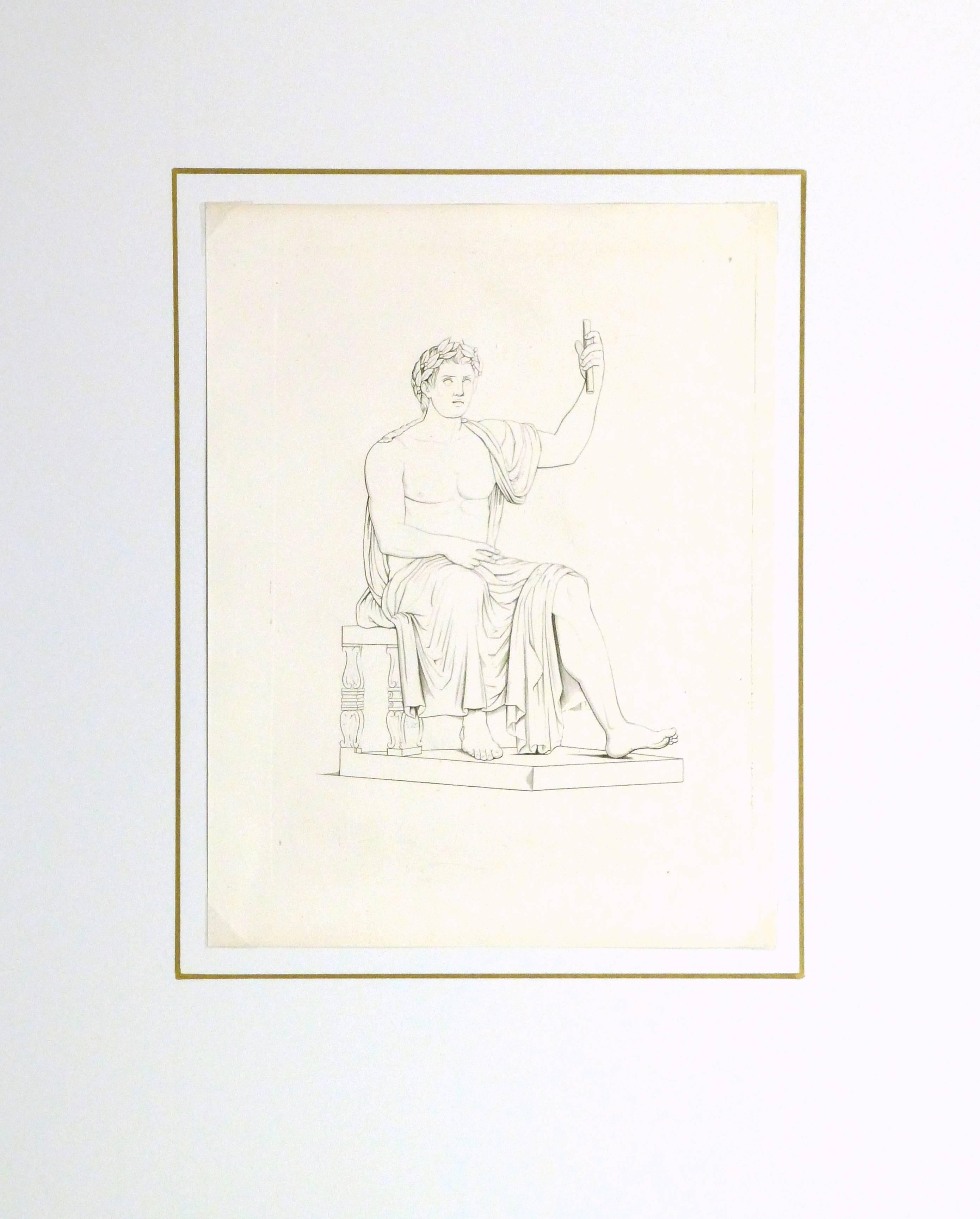 Fine antique copper line engraving of roman style male statue seated and clutching a scroll, circa 1850.

Original artwork on paper displayed on a white mat with a gold border. Archival plastic sleeve and Certificate of Authenticity included.