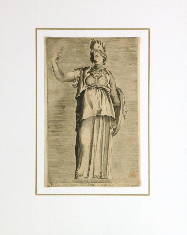Over 350 year old antique copper engraving of the female Roman goddess Bellona, the goddess of war, circa 1650.

Original artwork on paper displayed on a white mat with a gold border. Archival plastic sleeve and Certificate of Authenticity included.