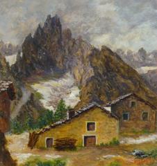 Vintage French Oil Landscape - Cabin in the Alps