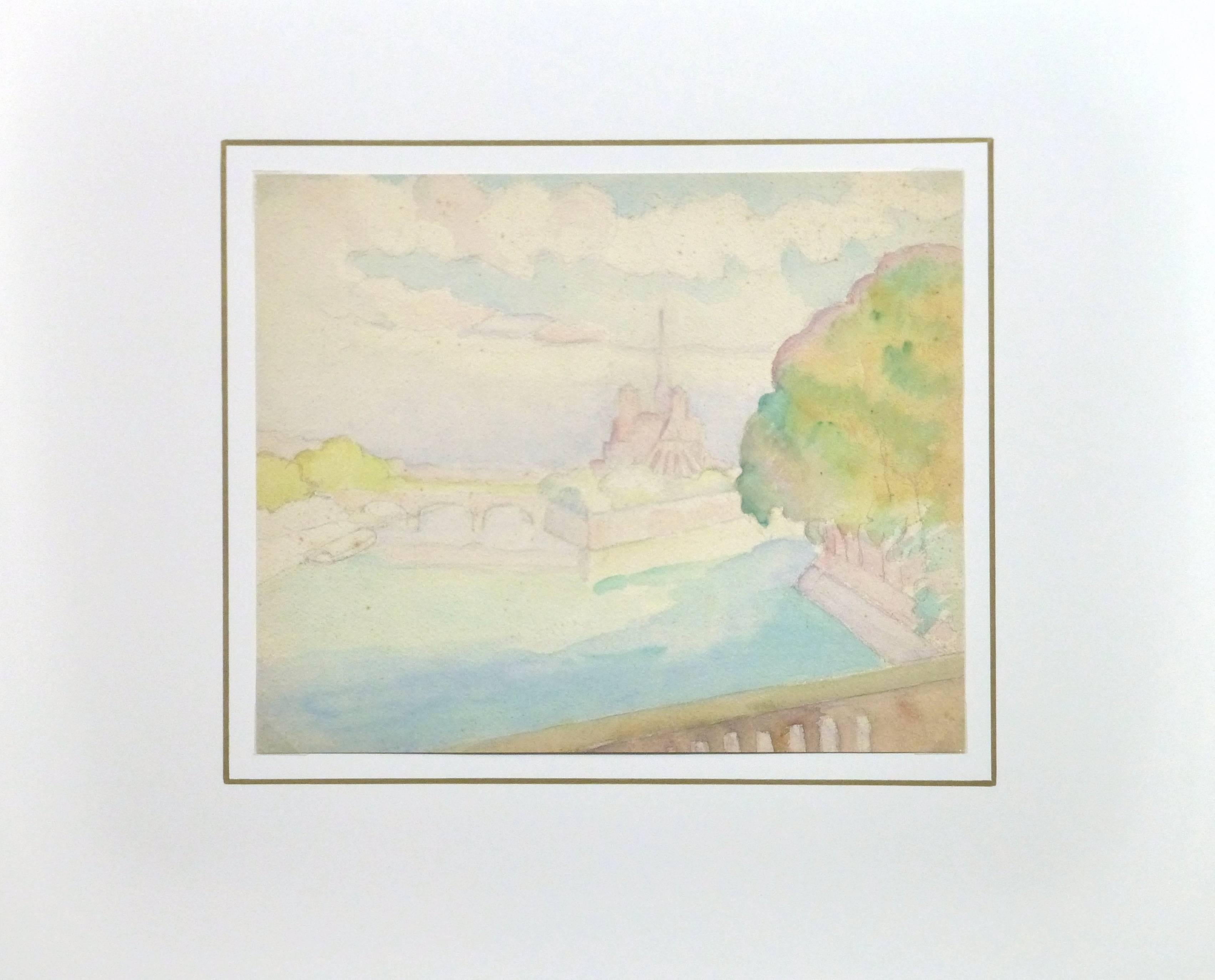 Ethereal watercolor landscape painting of a pastel hued view of the river Seine in Paris with l'Ile de la Cité and Notre Dame cathedral, circa 1930. Artist unknown.

Original artwork on paper displayed on a white mat with a gold border. Archival