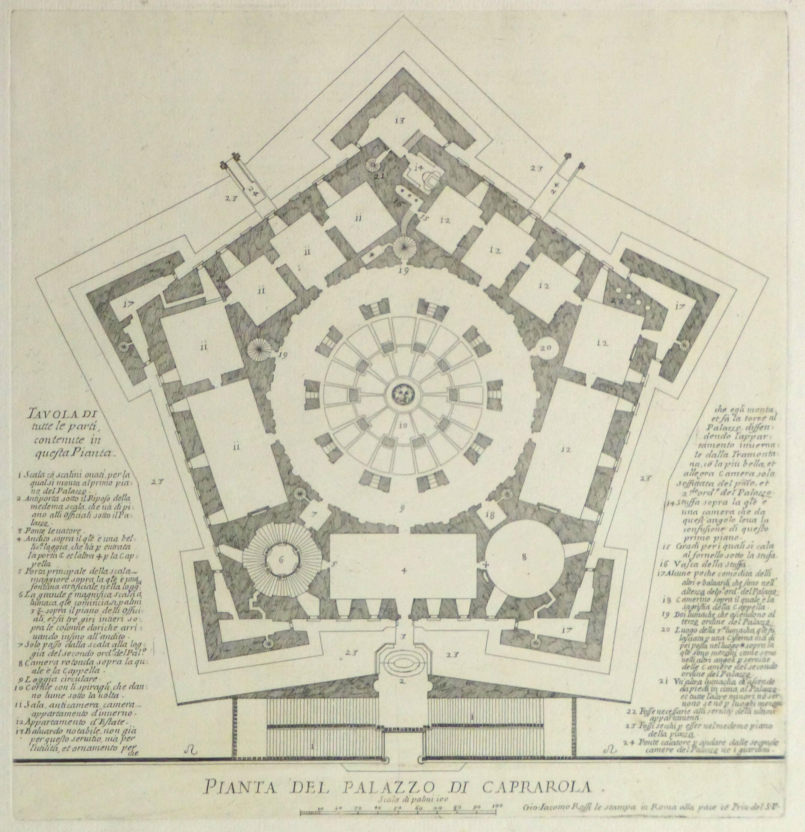 Giovanni Giacomo de' Rossi Interior Print - Antique Italian Copper Engraving - Caprarola Palace Floor Plan