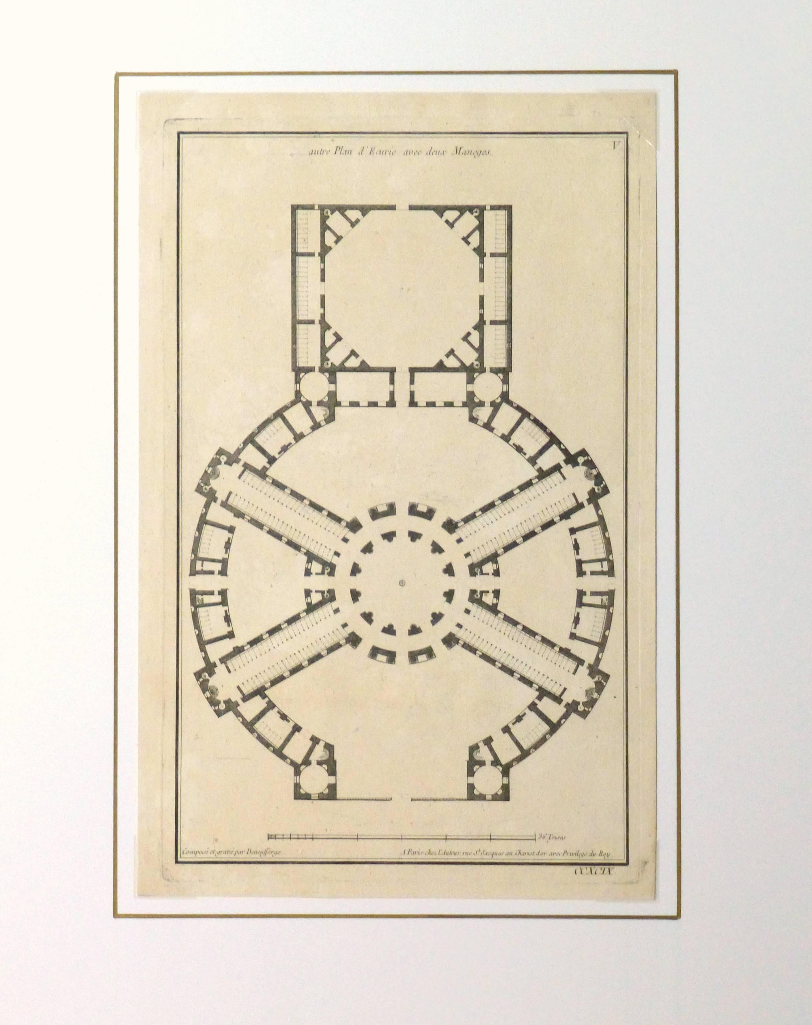 Gravure ancienne sur cuivre d'un plan unique d'écuries françaises provenant du Recueil d'Architecture, 1780.

Œuvre d'art originale sur papier présentée sur un tapis blanc avec une bordure dorée. Pochette plastique d'archivage et certificat