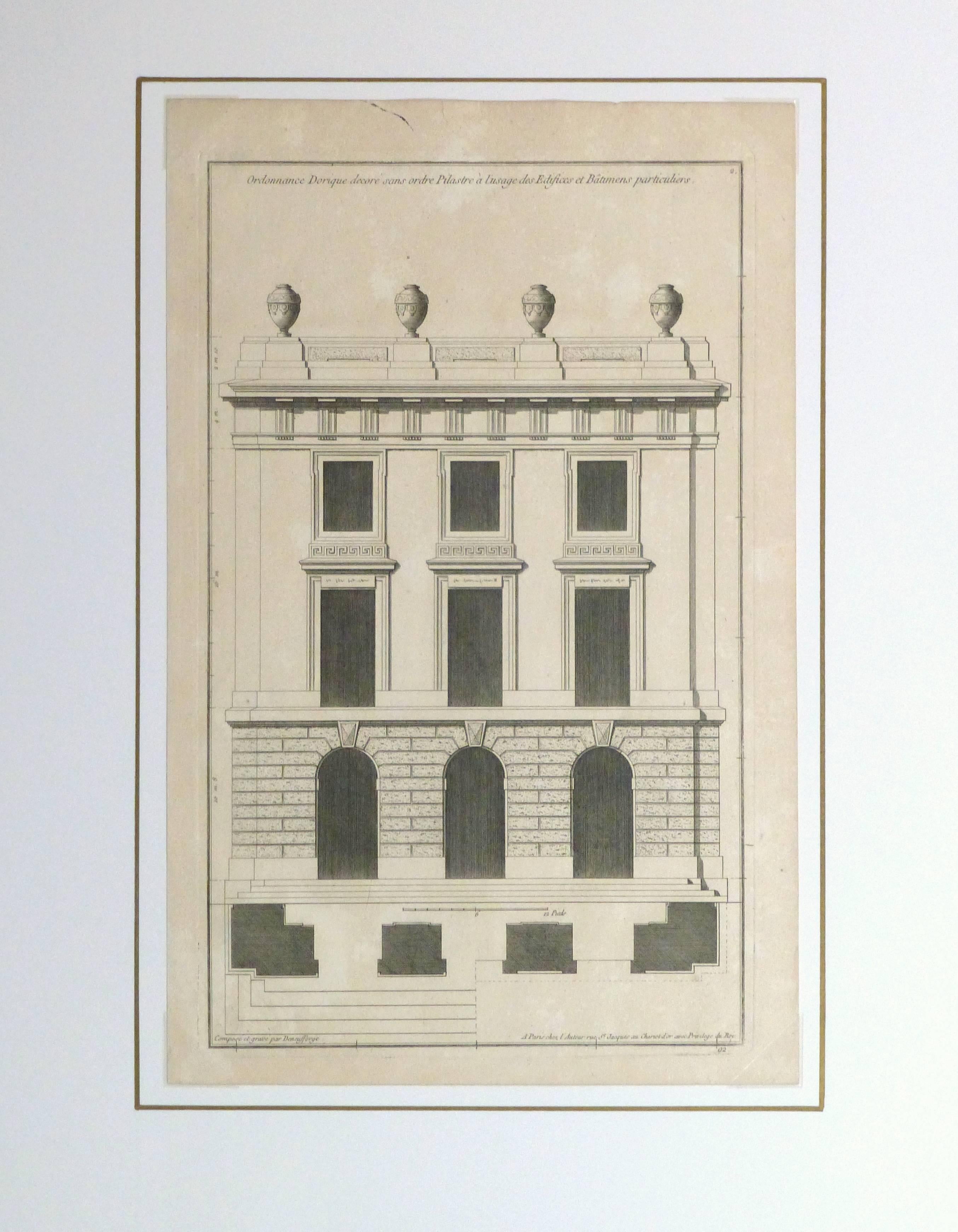 Beautifully-detailed antique copper engraving depicting a traditional building in the Doric Order architectural style from Recueil d'Architecture, 1780.

Original artwork on paper displayed on a white mat with a gold border. Archival plastic sleeve