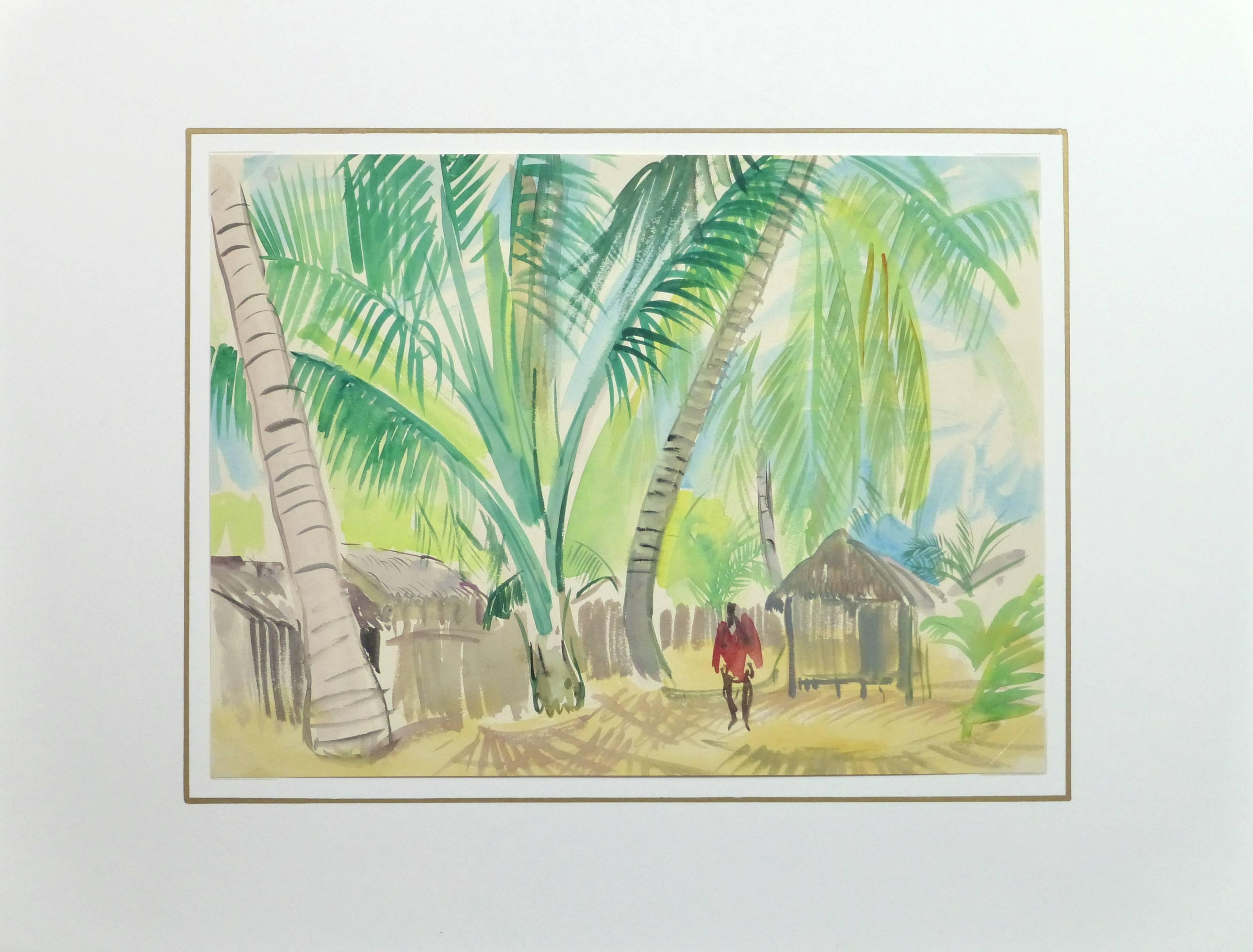 Acuarela luminosa y aérea de una figura en una pequeña aldea tropical, del artista francés Stephane Magnard, hacia 1950. 

Obra de arte original sobre papel expuesta en un tapete blanco con borde dorado. Funda de plástico de archivo y certificado de