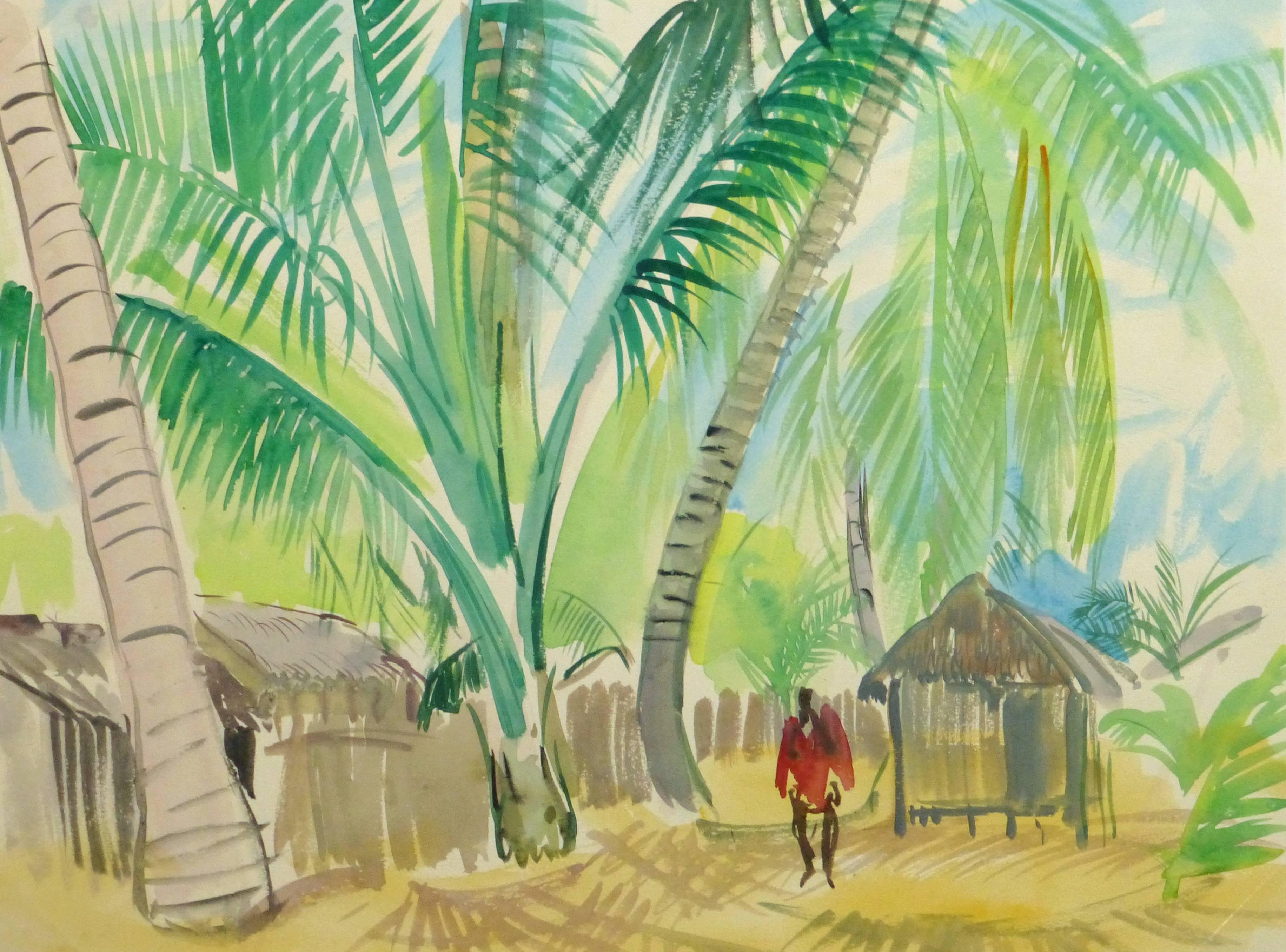 Stephane Magnard Landscape Art - French Watercolor - Tropical Village