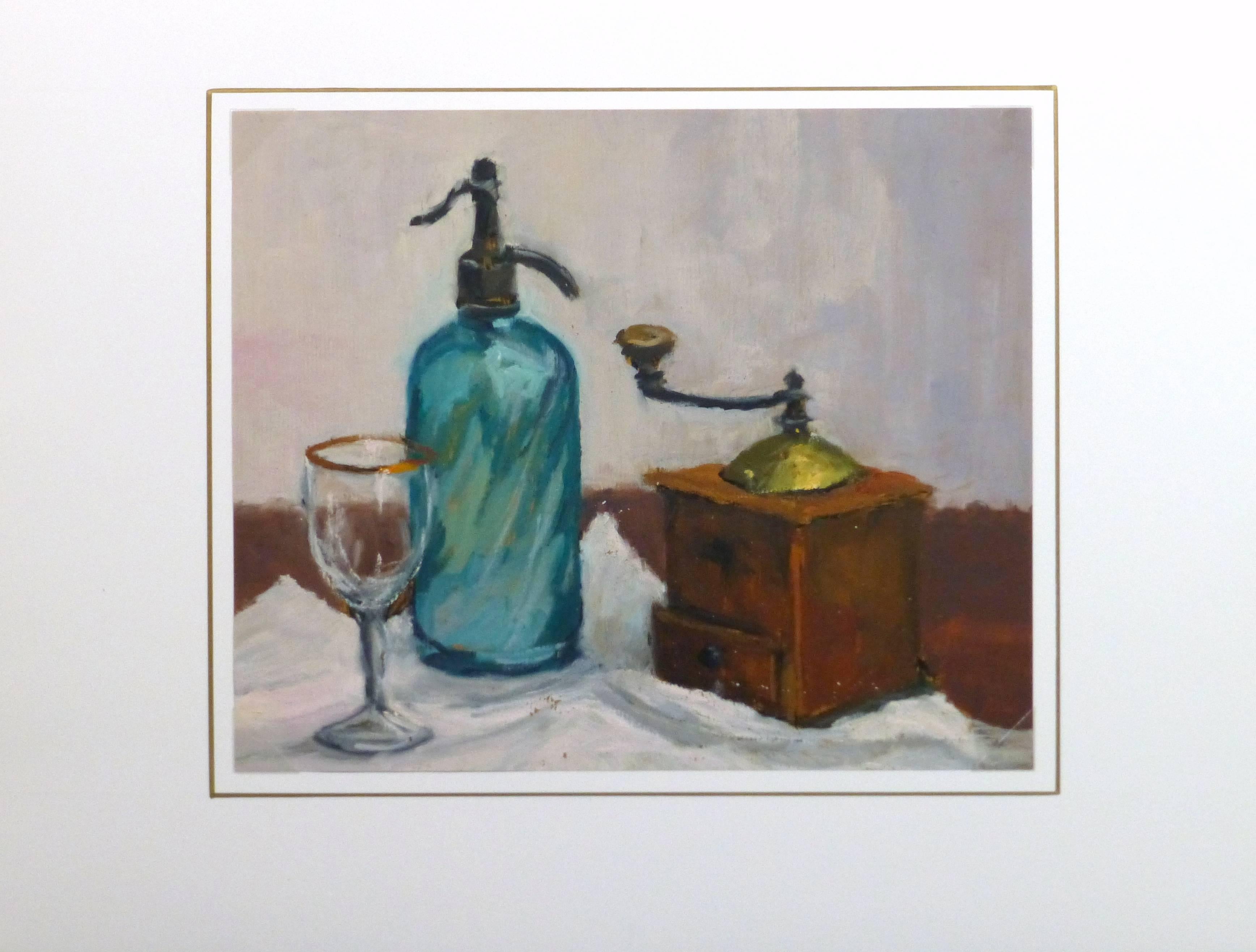 French Oil Still Life - Seltzer & Coffee - Gray Still-Life Painting by Raymond Bailly
