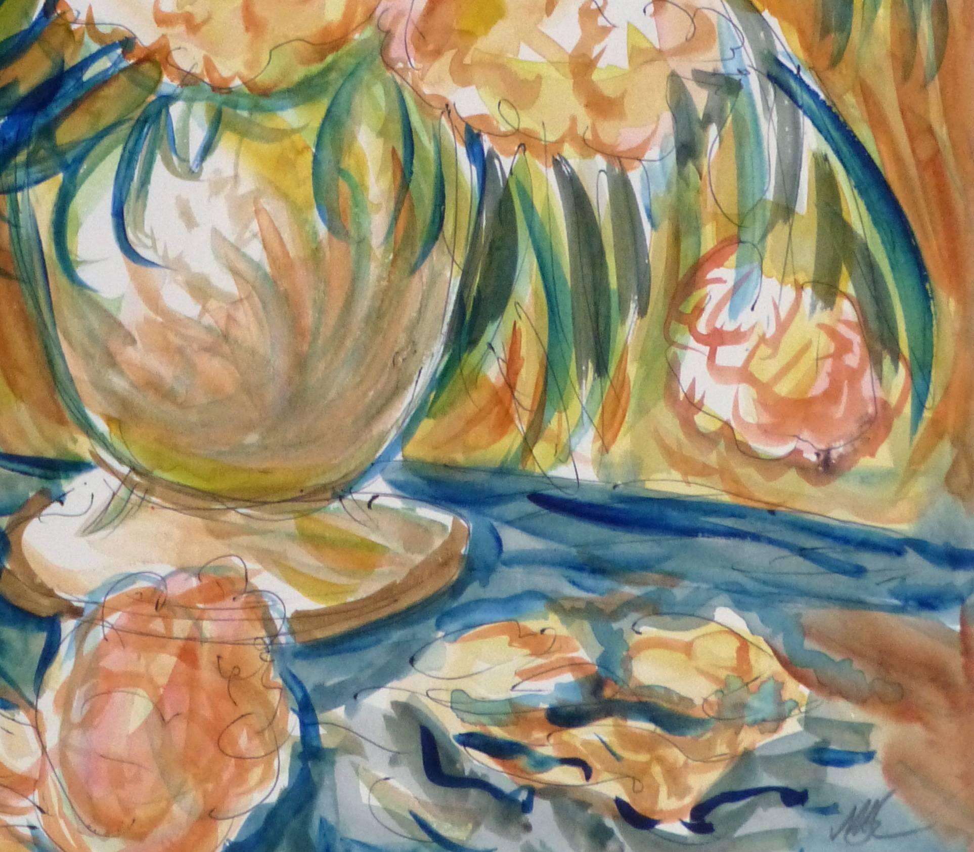 This striking still life painting depicts a vase of flowers bursting with color -  vivid hues of orange, green, and blue intermingling - and a peeled tangerine in the foreground. From the 1990s. Signed lower right. 

Original artwork on paper